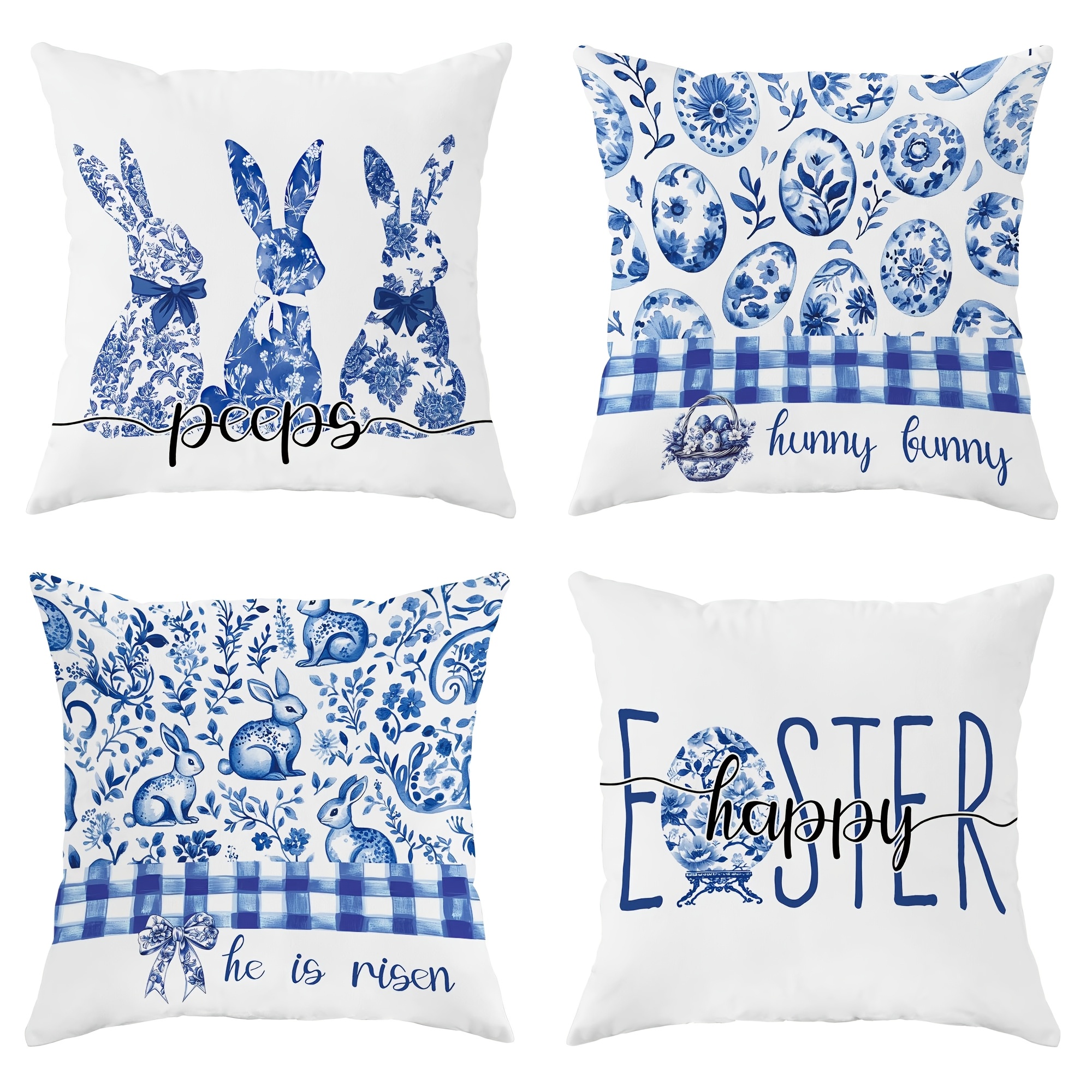 

4pcs Decoration Throw Pillow Covers Bunny Rabbit Floral Cute Chinoiserie Blue Pillowcases 1 Sided Printing Velvet 45x45cm/18x18in For Spring Living Room Bedroom Sofa Bed Decor Without Pillow Inserts