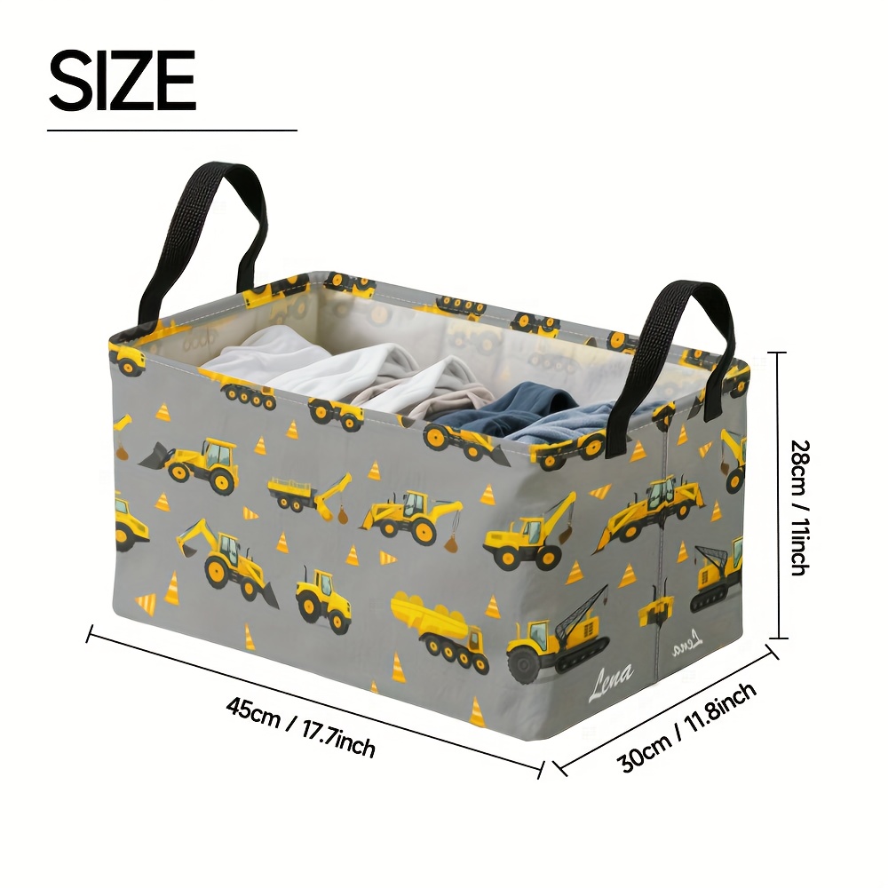 TEMU 1pc, de rangement extra larges , Design de véhicule de construction, Bac carré en tissu Oxford avec cadre en métal et bac à linge, Pliable pour