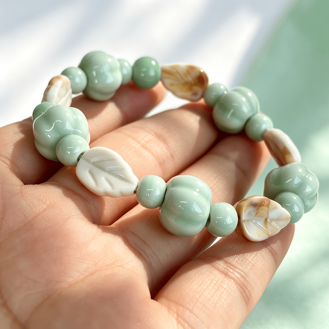 Celadon-Glazed Ceramic Pumpkin-Shaped Stretch Bracelet