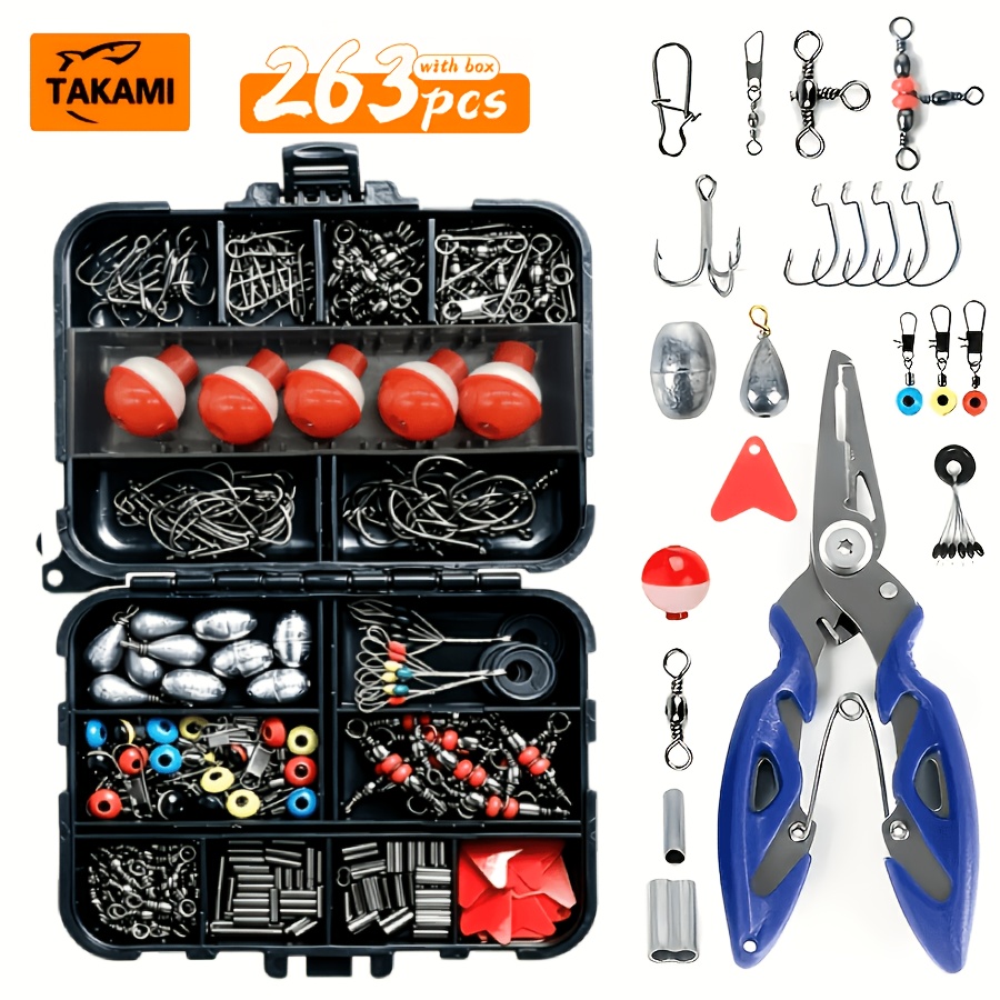TEMU TAKAMI | Set di attrezzi da pesca da 263 pezzi, pinze in acciaio inossidabile, ami e mulinello , galleggiante - Scatola completa di attrezzatura