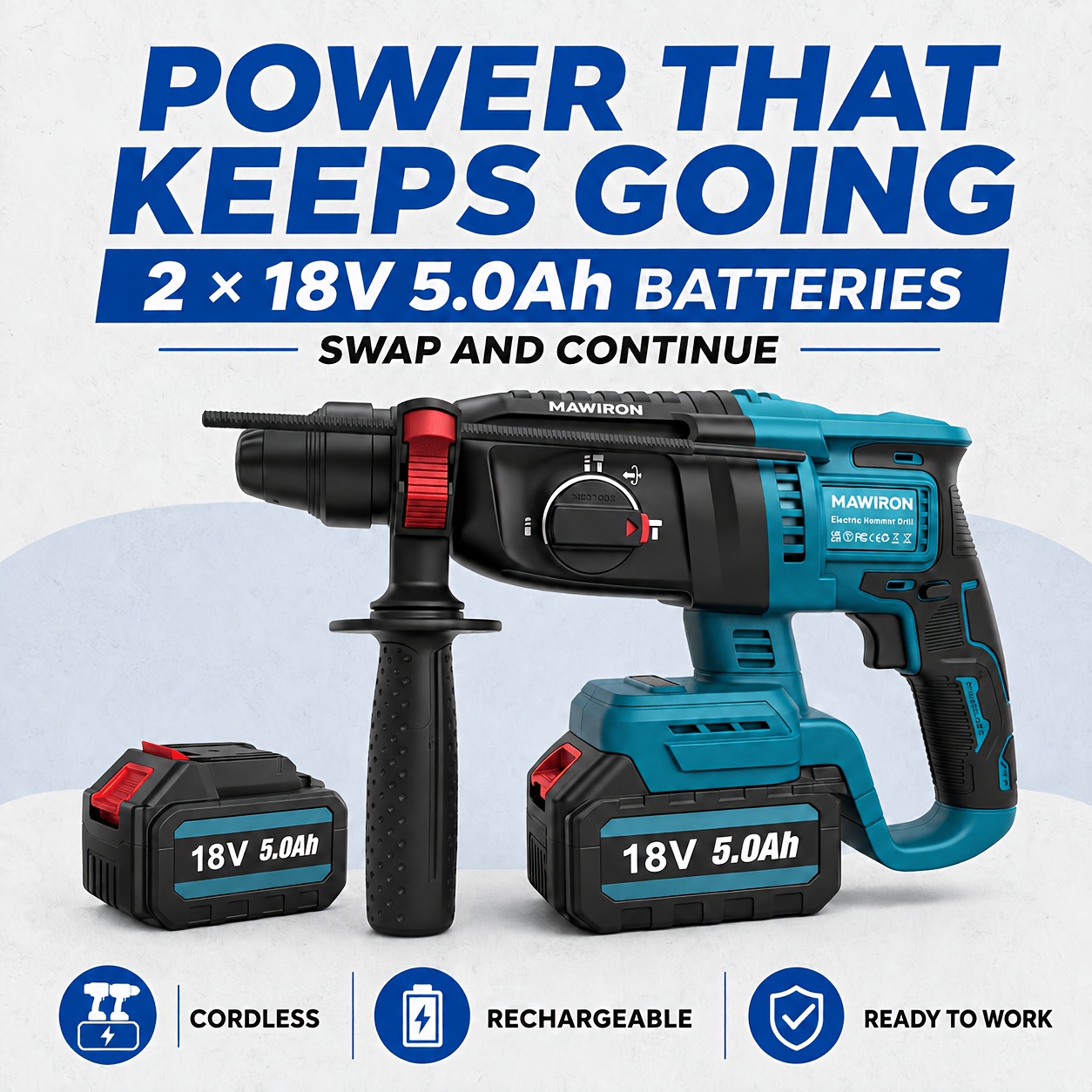 Image of Mawiron Cordless Rotary Hammer Drill, 18v Sds-plus Brushless 300w, 2.1j Impact Energy, 3 , 1000 Rpm, 2 X 5.0ah Batteries, Auxiliary Handle & Depth Gauge For Concrete, Brick And Masonry Diy