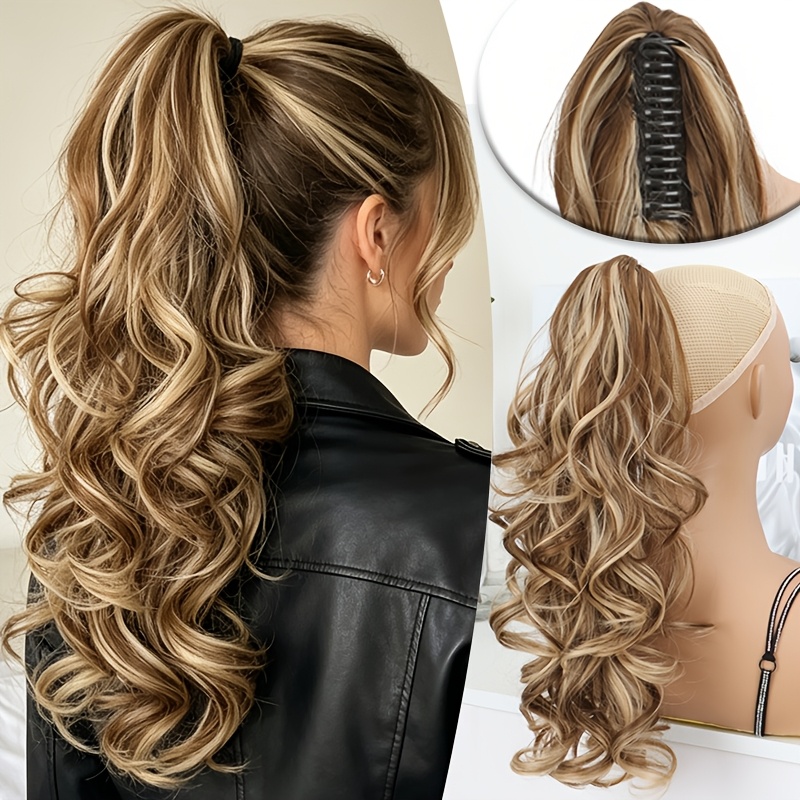 TEMU Extension de queue de cheval ondulée multi-couches avec pince à griffes, cheveux synthétiques et anti-nœuds avec des touches dorées et marron,