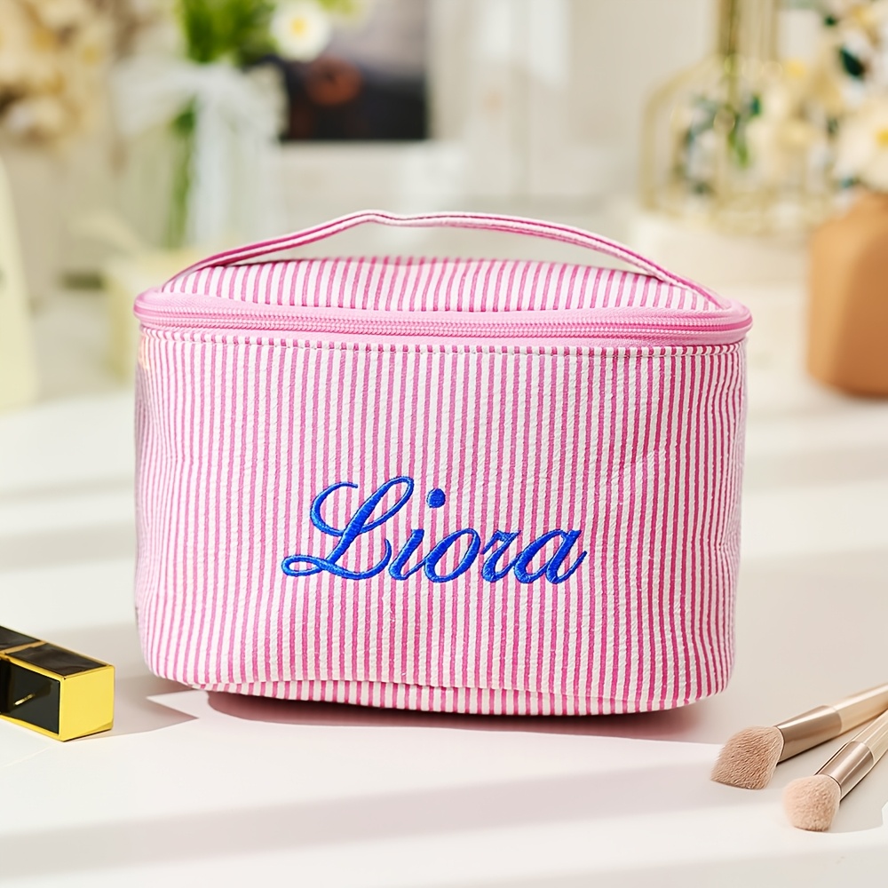 TEMU [custom Embroidery] Personalized Customizable Name Handle Handbag Large Capacity Fashionable Portable Travel Business Toiletry Bag, Striped