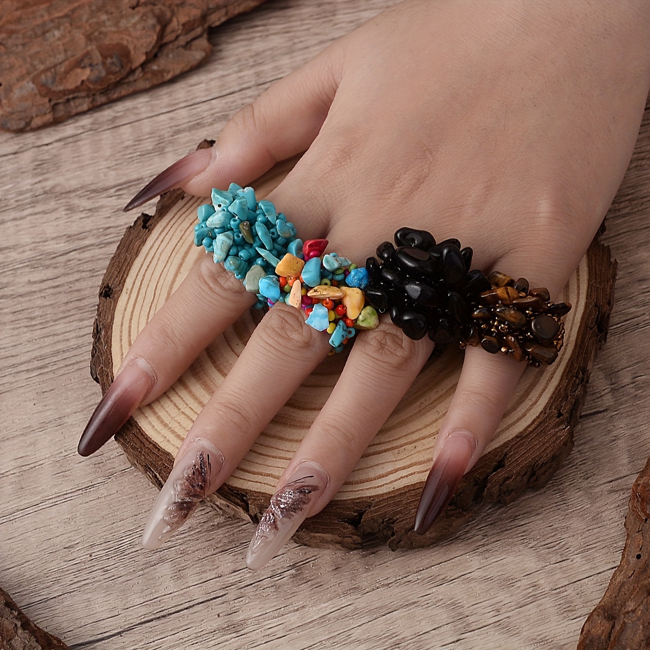boho chic handmade beaded natural stone stretch ring women Temu