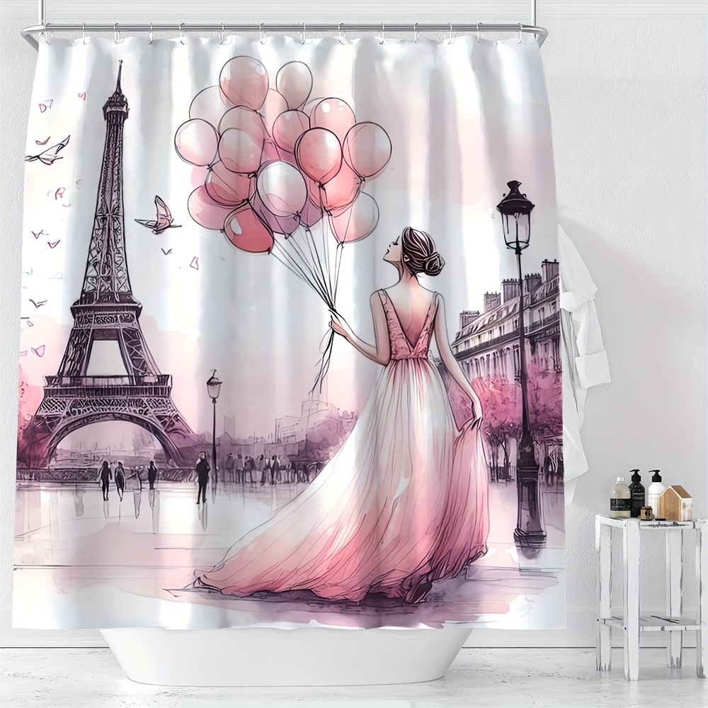 

Romantic Paris Eiffel Tower Shower Curtain With Pink Balloon Girl Pattern, Water-resistant Polyester Bathroom Decor With Hooks, Machine Washable, Woven Knit All-season Cartoon Ywjhui - 1pc