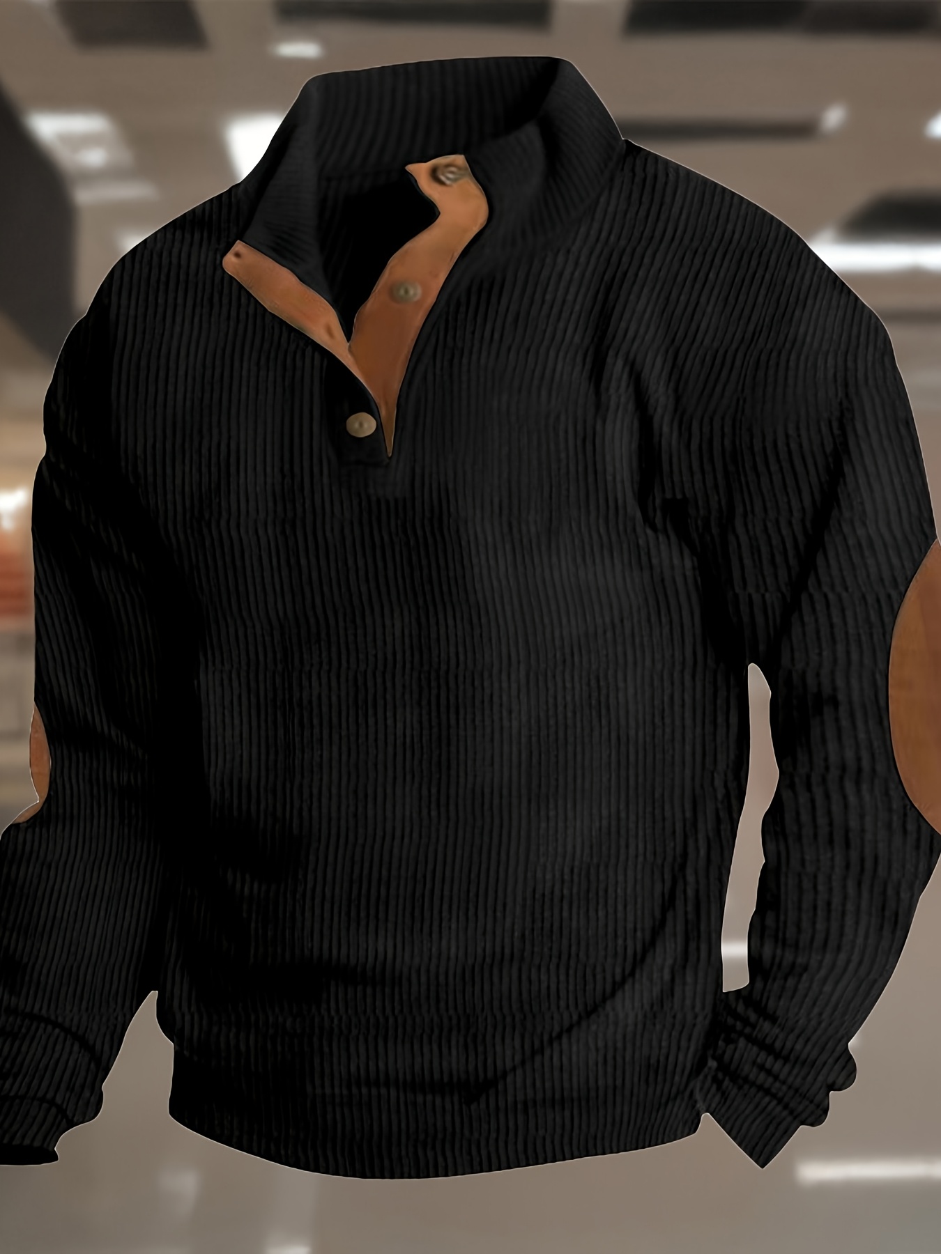 Sweat-shirt décontracté pour homme avec texture en velours côtelé, boutonné sur le devant, coupe régulière, manches longues, col montant, pull tricoté pour tenue décontractée.