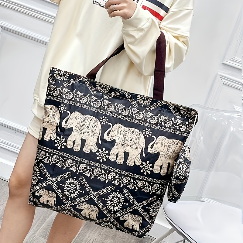

1pc Elephant Pattern Tote Bag, Retro Folding Shopping Bag, Casual Shoulder Bag Handbag, Outdoor Sports Travel Backpack
