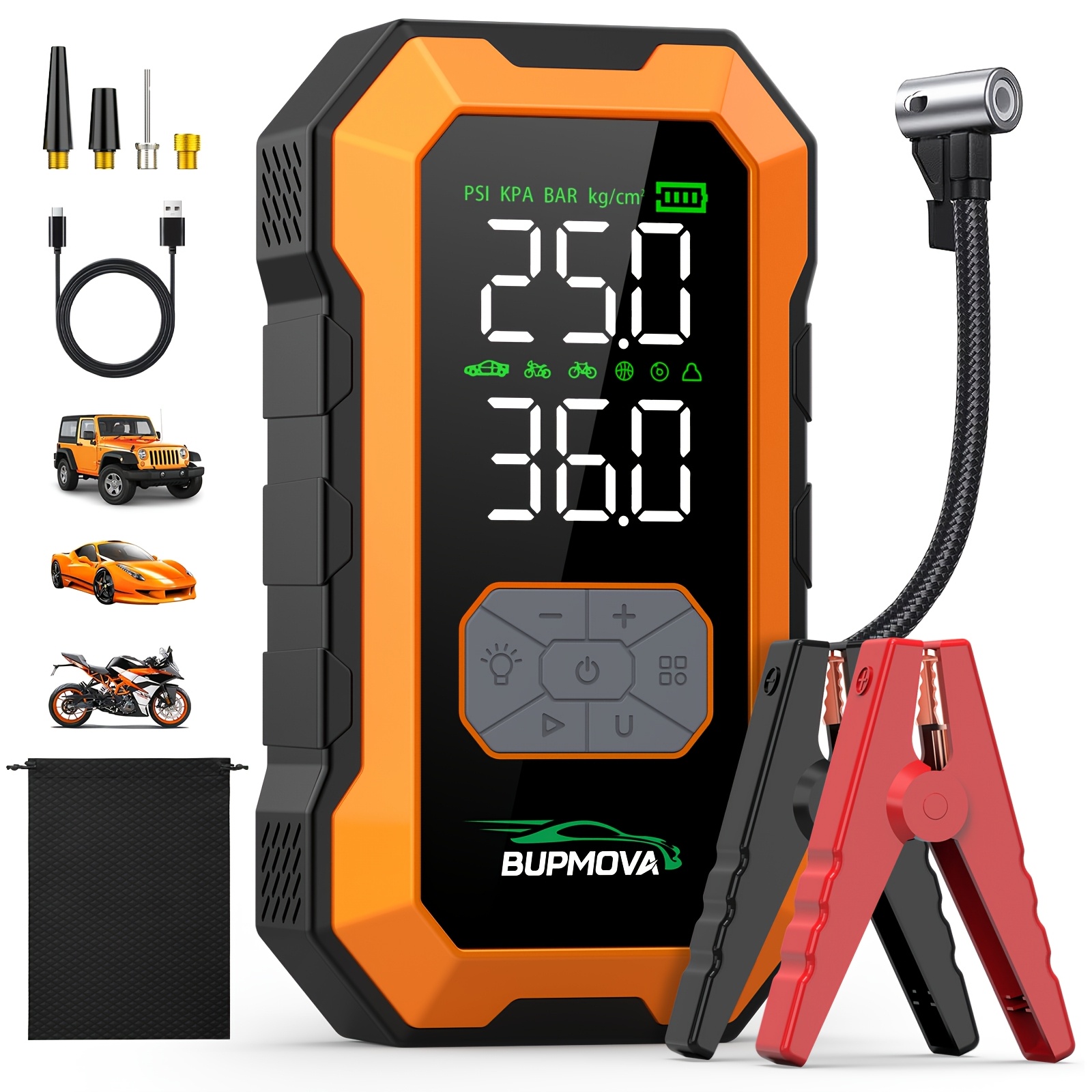 photo de l'article Démarreur de voiture 9000A avec compresseur d'air sans fil, booster de batterie 25000Mah avec batterie externe et lumières LED, démarreur 12V pour toutes les voitures à essence ou diesel 10.0L, double manomètre