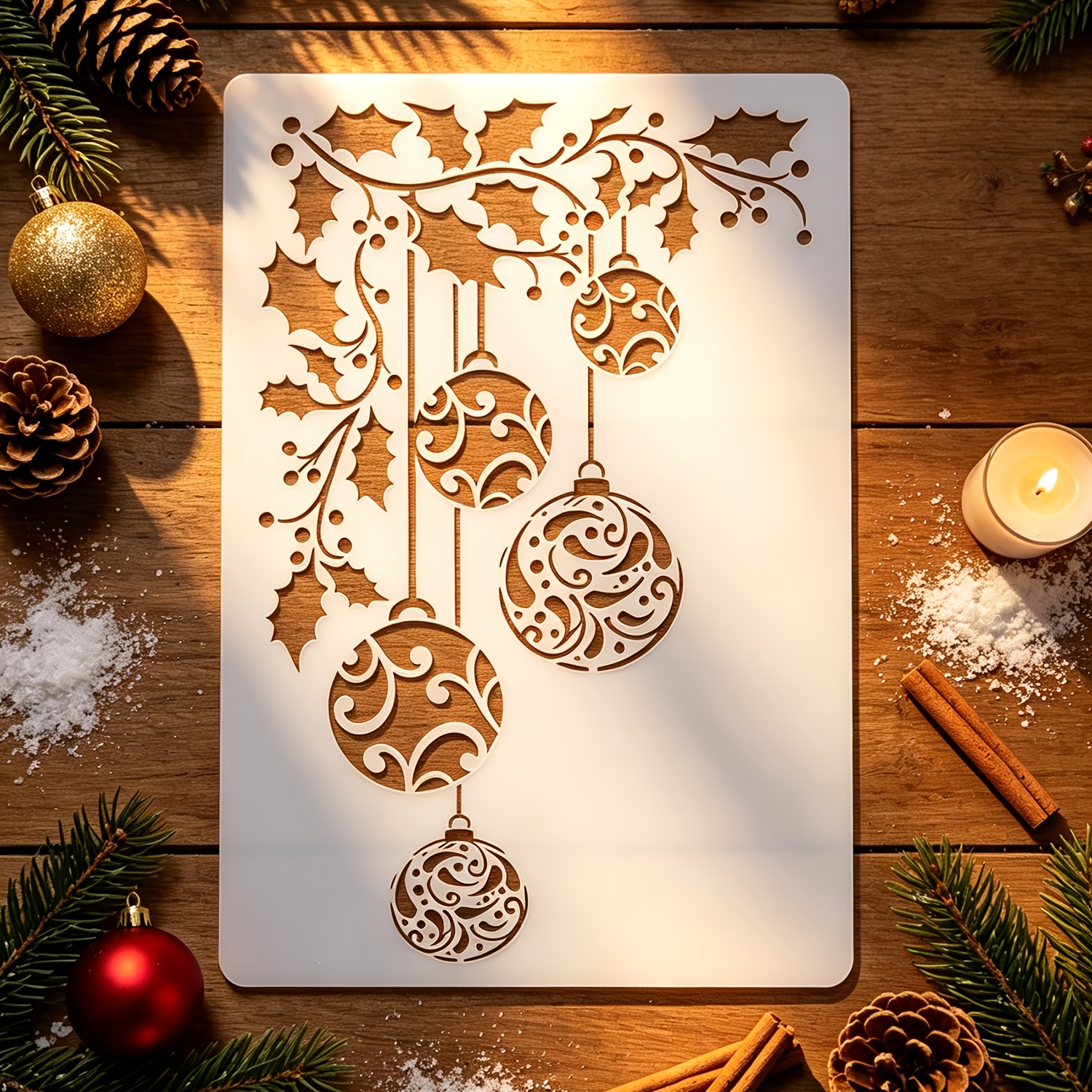 TEMU Pochoir réutilisable en PET Houx et Boule de Noël - A4 Lavable Adapté pour Bois, Toile, Tissu, Fenêtre avec Modèle d'Ornement de de Houx pour