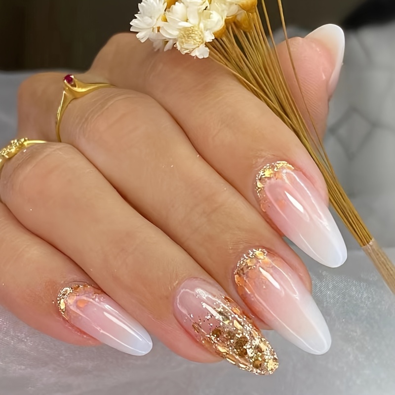 TEMU 24pcs Almond Shape Long Press-on Nails - Nude To Golden Gradient Glossy Fake Nails With Golden Glitter Accents, Reusable False Nails For Women,