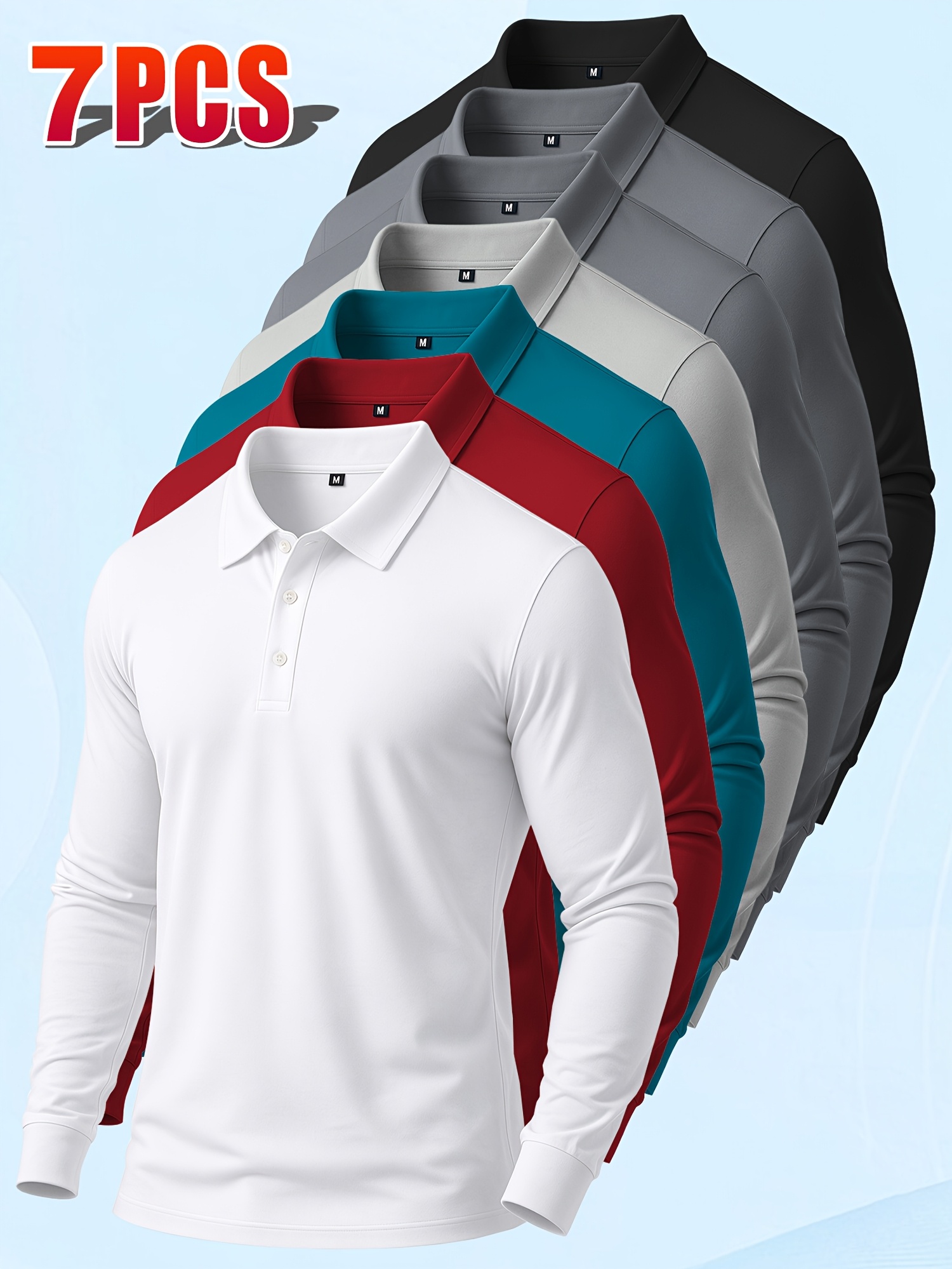 item picture 7pcs mens solid color long sleeved   shirt   shirt fashionable solid color golf shirt spring and autumn slightly elastic moisture wicking top suitable for family   work and leisure outdoor travel and sports wear