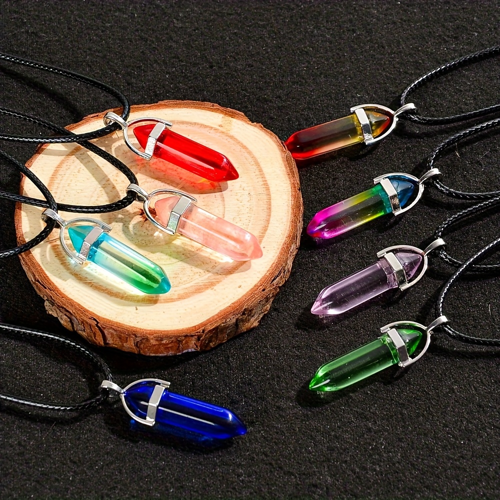 10pcs Multicolor Glass Hexagonal Column Pendant Necklace Set