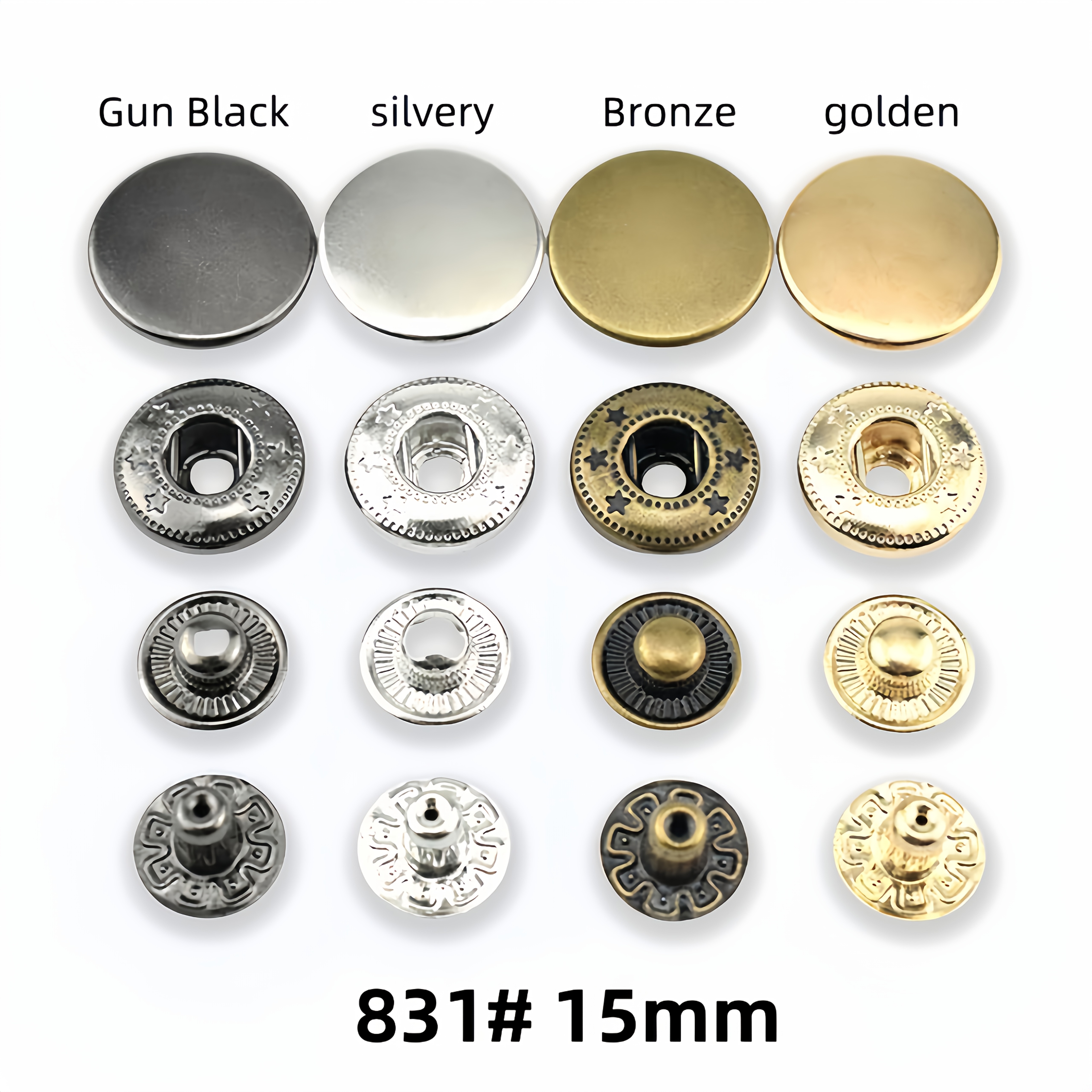 

25 Sets Assorted 15mm #831 Snap Buttons, Metal Four-hole Buttons In Black, Silver, Antique Bronze, Diy Crafts, Clothing, Jackets, Jeans, Bracelets, Bags Fasteners