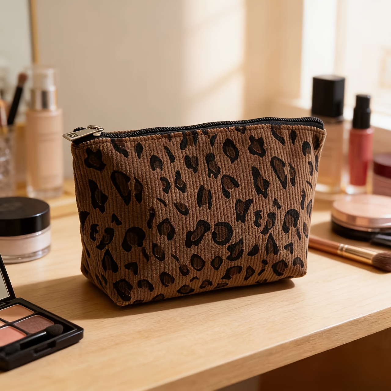 Image of 1pc Women's Travel Makeup Bag Organizer. Trendy Leopard Print Storage Product, Multifunctional Portable Cosmetic Pouch, Makeup Storage Bag, Travel Essential Makeup Bag, Large Capacity