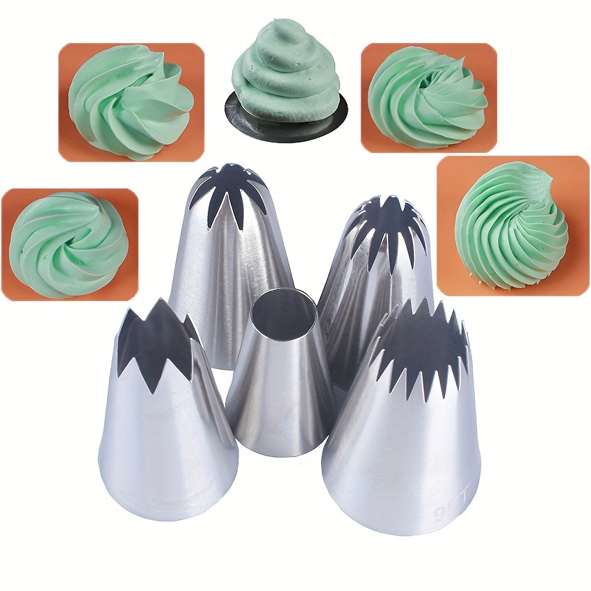 

5pcs Piping Nozzles Set, Large Stainless Steel Icing Nozzles, Cream Cake Piping Tips For Dessert Biscuit Cup Cake, Kitchen Accessories, Baking Tools, Diy Cake Decorating Supplies
