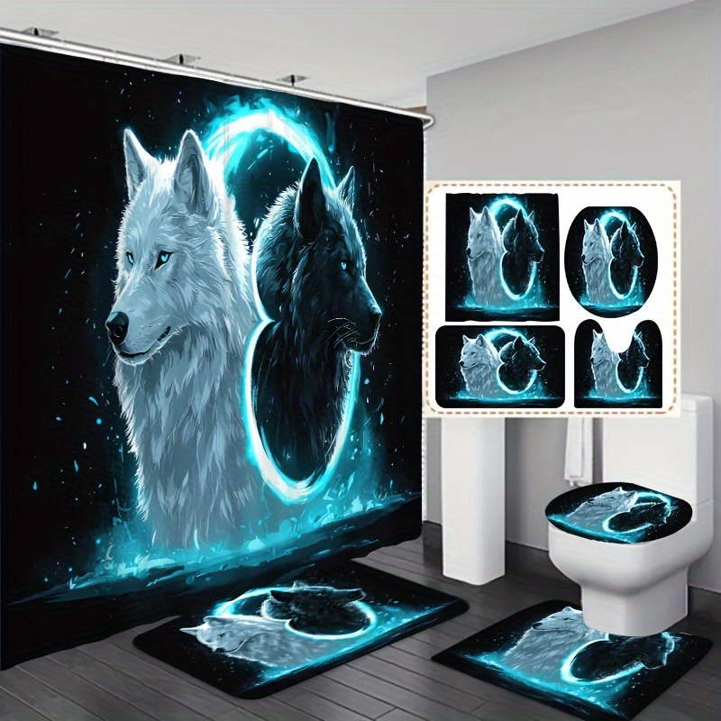 

1pc/3pcs/4pcs Blue Light Wolf Pattern Shower Curtain Bathroom Set