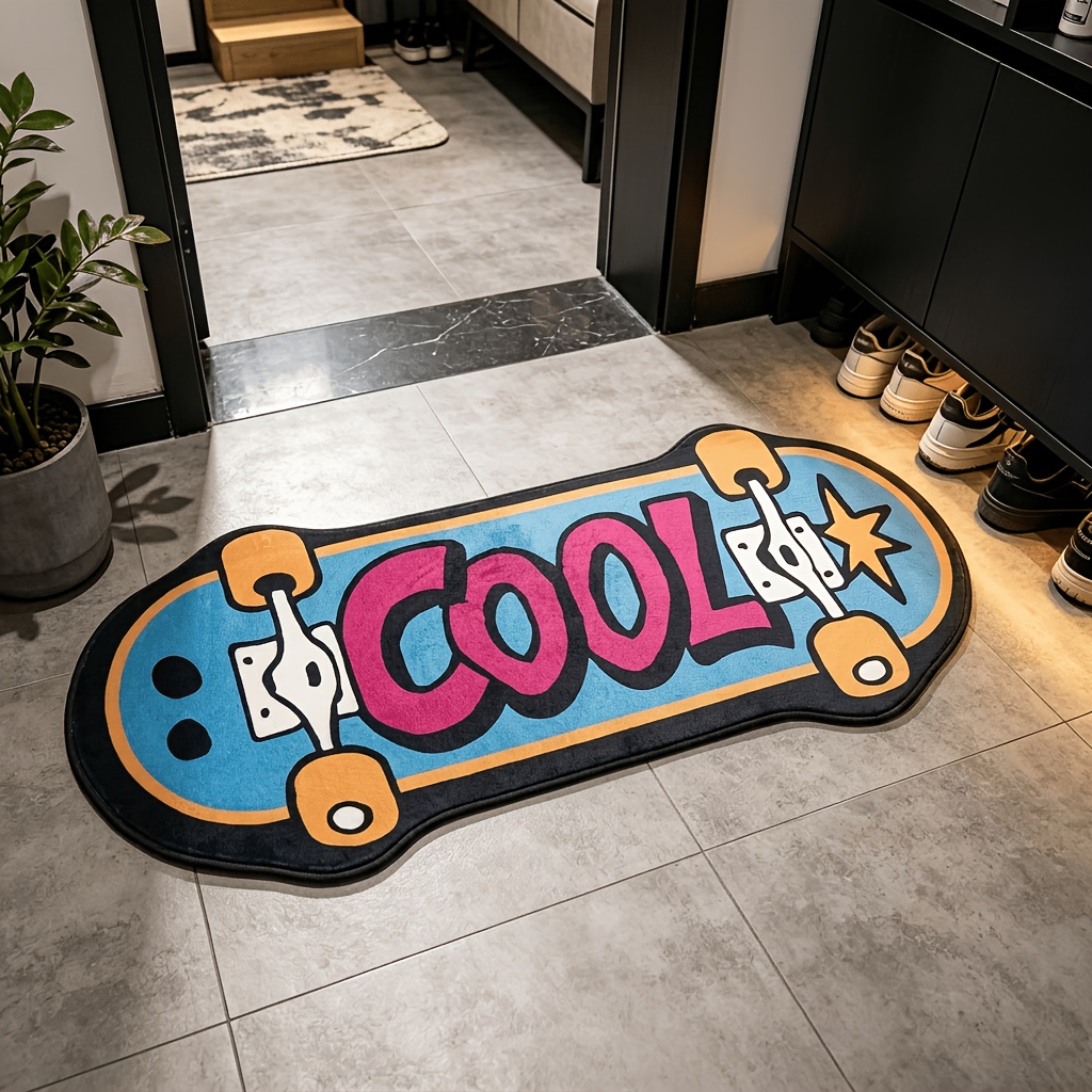 TEMU [flannel] 1pc Creative Skate Shape Carpet, Trendy Cool Graffiti Printed Irregular Floor Mat For Teenagers' Bedrooms And Gaming Rooms, Washable