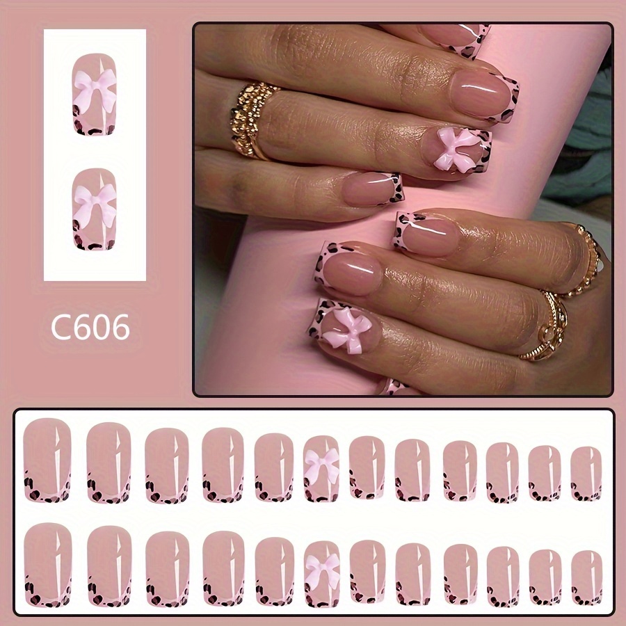 

24pcs Short Leopard Print Contrast Color Bow Wearable Nail False Nails