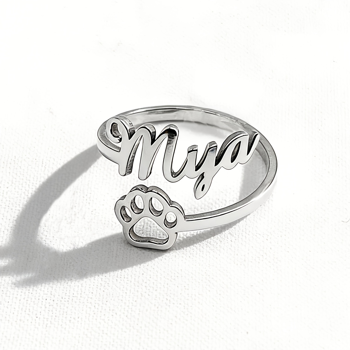 Image of 1pc Custom Name Paw Print Ring | Elegant And Cute 304 Stainless Steel Adjustable For Women, Personalized Letter Jewelry, Ideal For Daily Wear, Mother's Day, Valentine's Day, Christmas Gifts