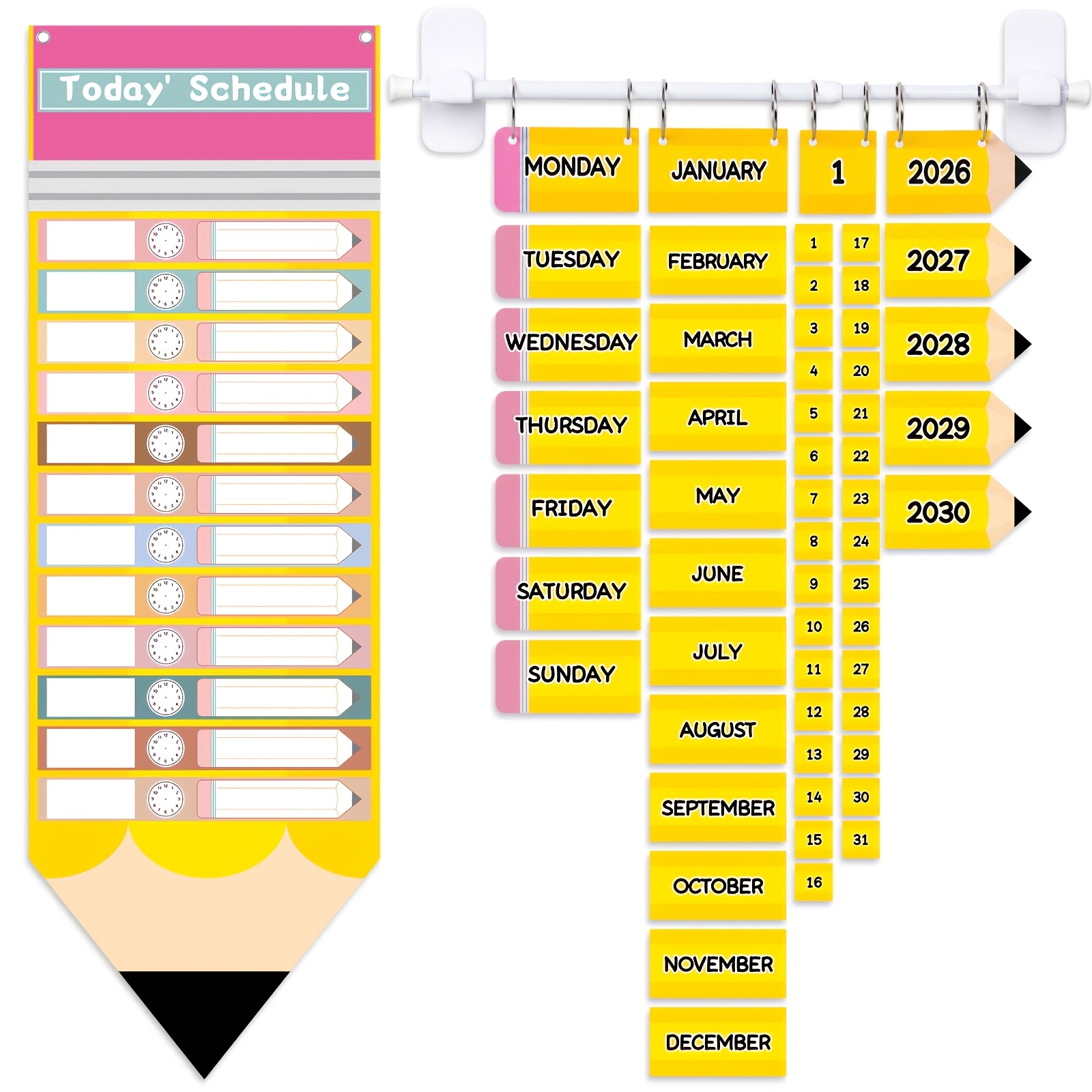 TEMU Calendrier mural de classe de crayon avec calendrier de poche effaçable à sec et organisateur d'emploi du temps - 55 cartes de dates + 20 cartes