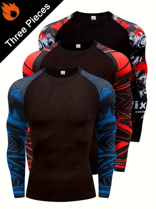 item picture obm 3pcs set mens body hugging high stretch quick dry printed crew neck long sleeve t shirt moisture wicking breathable and comfortable top suitable for outdoor sports fitness and cycling