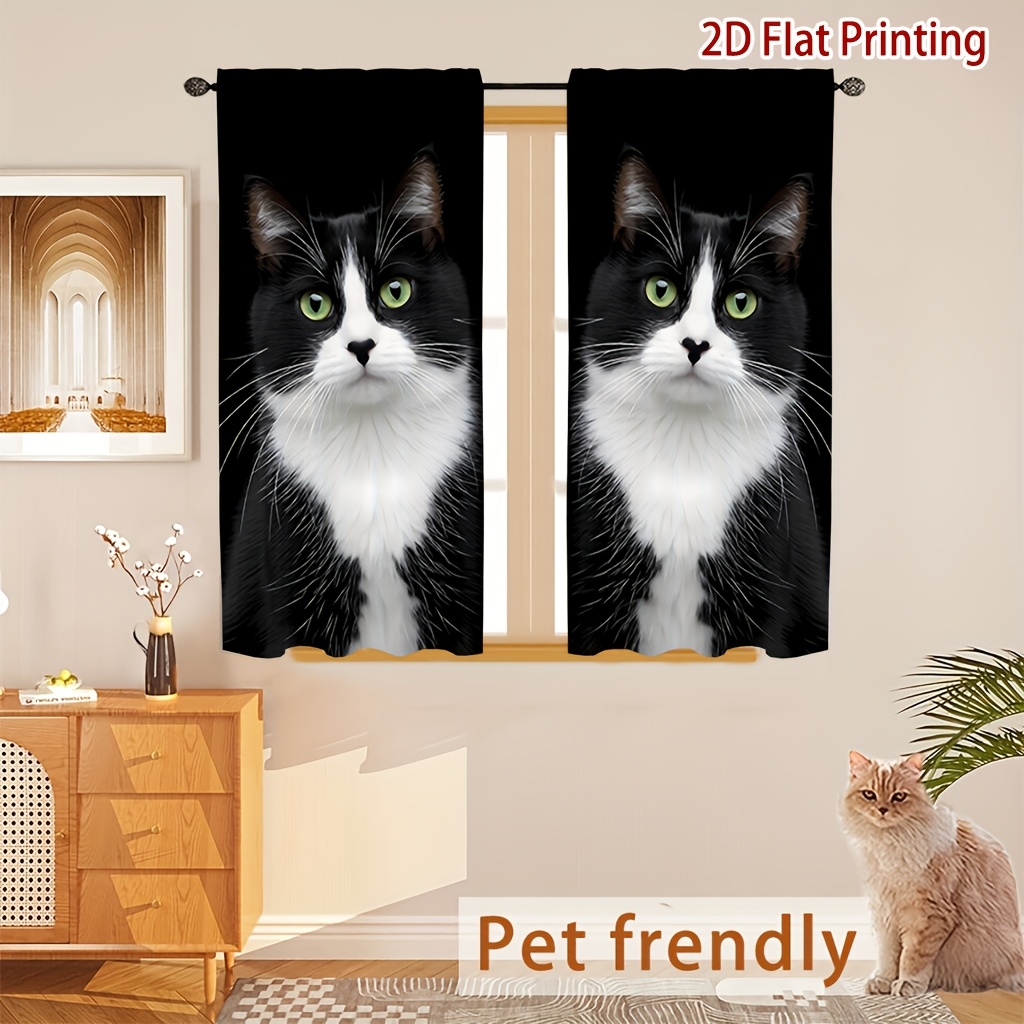TEMU [ Product] 2pcs Black And White Cat Print Curtains, Soft Light, Privacy Protection, Pocket Rod Installation Suitable For Living Room, Kitchen,
