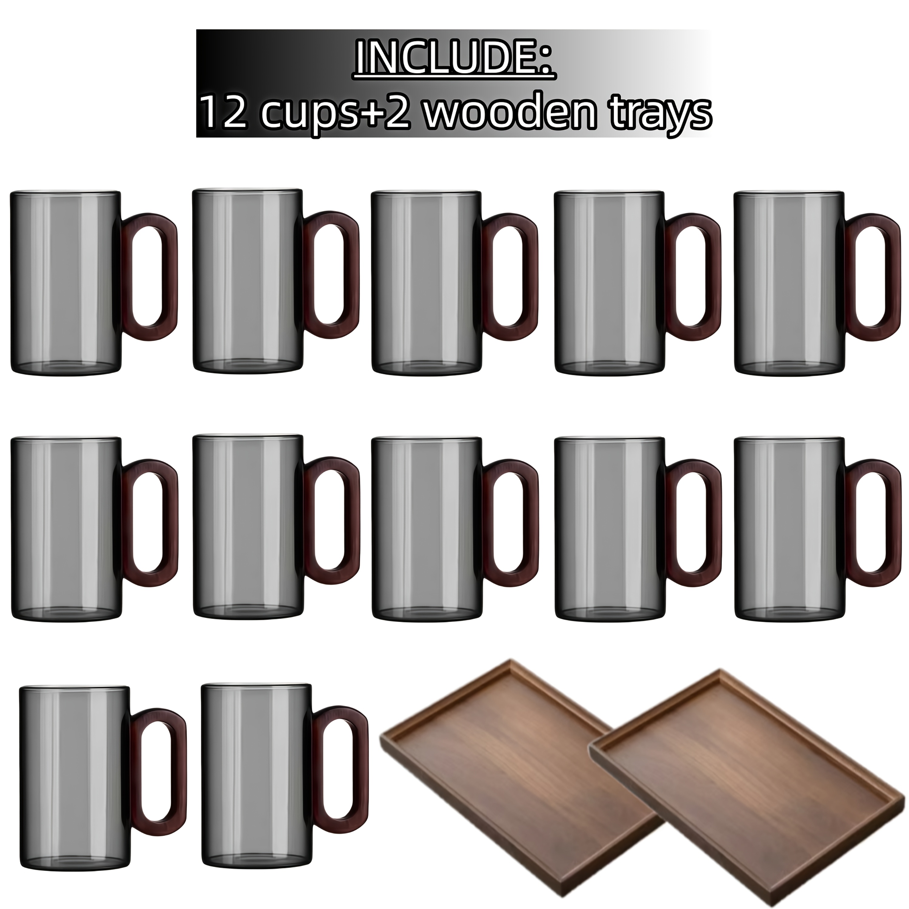 TEMU Joyell 12pcs Transparent Black Glass Cup With Handle, 2 Wooden Trays, Heat-resistant Water Cup, Espresso Cup, Iced Coffee Cup, Milk Cup, Juice
