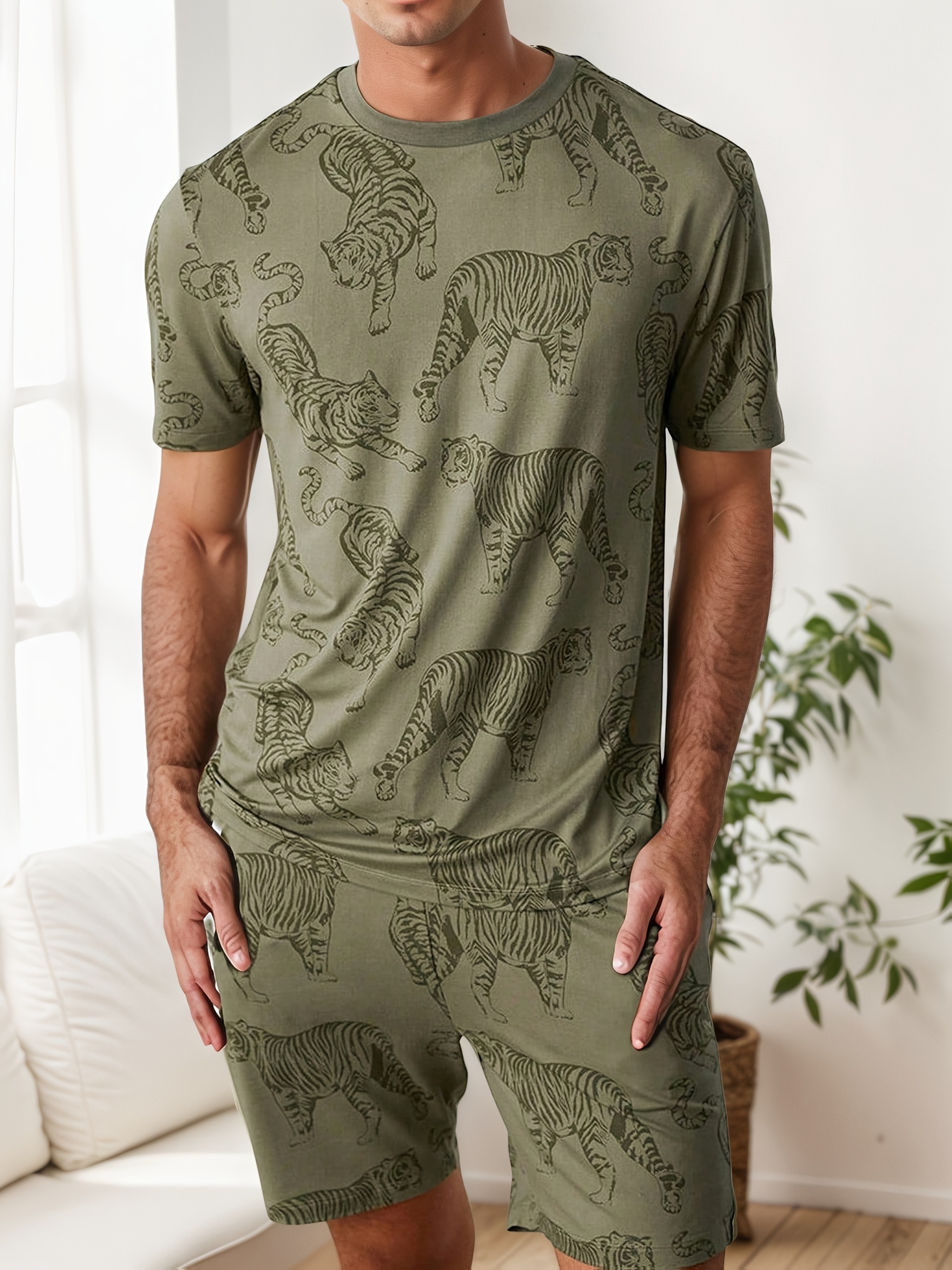 men's tiger print pajama set comfortable polyester spandex Temu