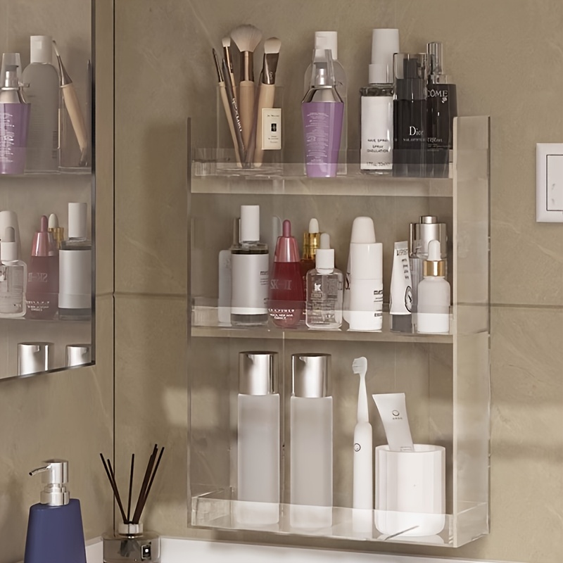 Acrylic Bathroom Shelf Wall-Mounted Vanity Organizer - Multi-Tier Clear Resin Cosmetic Storage Shelf for Sink Countertop, Space-Saving Modern Bathroom Decor (No Tools Needed), Bathroom Decor And Accessories, Toiletry Organizer, Clear Acrylic Shelf, Clear Storage Unit