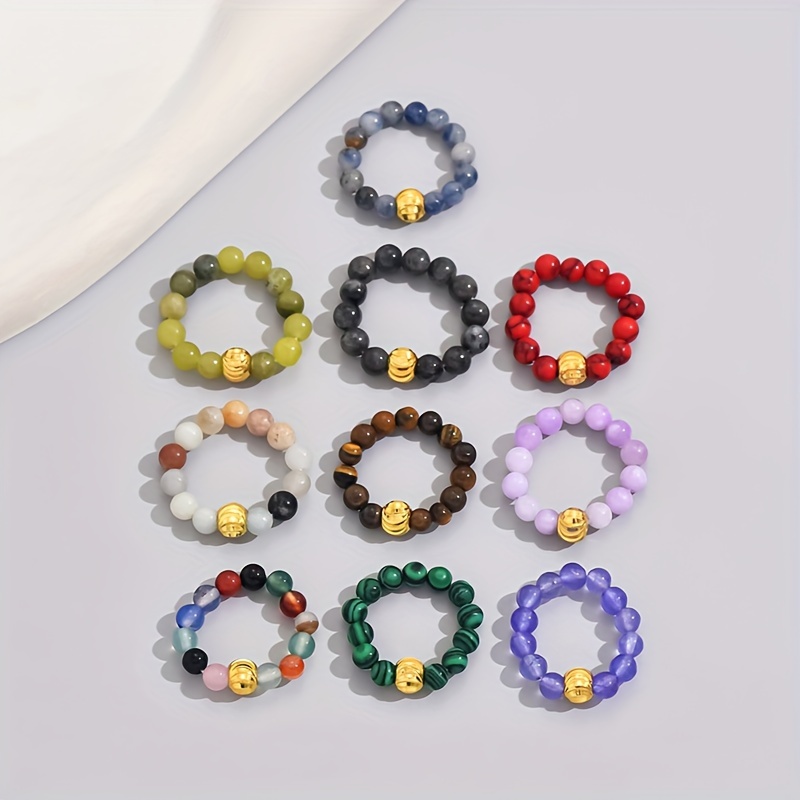 Image of 10pcs Set Of Beaded Elastic Natural Stone Rings For Women, Natural Stones With , Colors Random