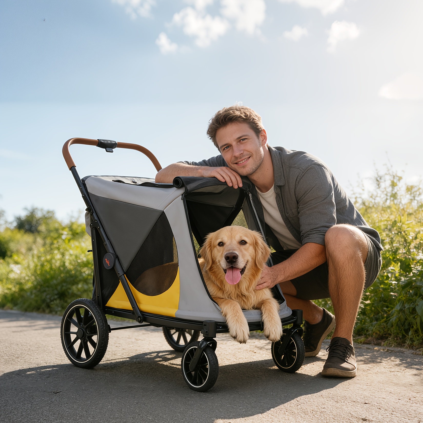 Large Dog Stroller with 4 Wheels: Foldable Pet Stroller for Medium Large Dogs Up to 42Kg, Dual Entry Pet Stroller with Mesh Windows, Storage Pocket, Cup Holder And Brake System, 86X65.5X102 Cm - Image 6