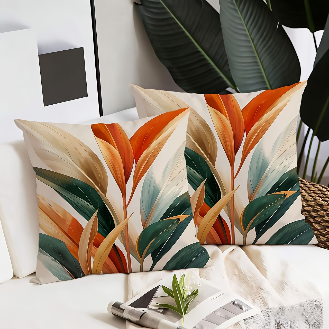 TEMU Set Of 2 18x18 Inch Printed Tropical Leaf Pillowcases, Orange Beige Zippered Covers, Universal Decorative Pillowcases For Sofa, Bed, Car, Living