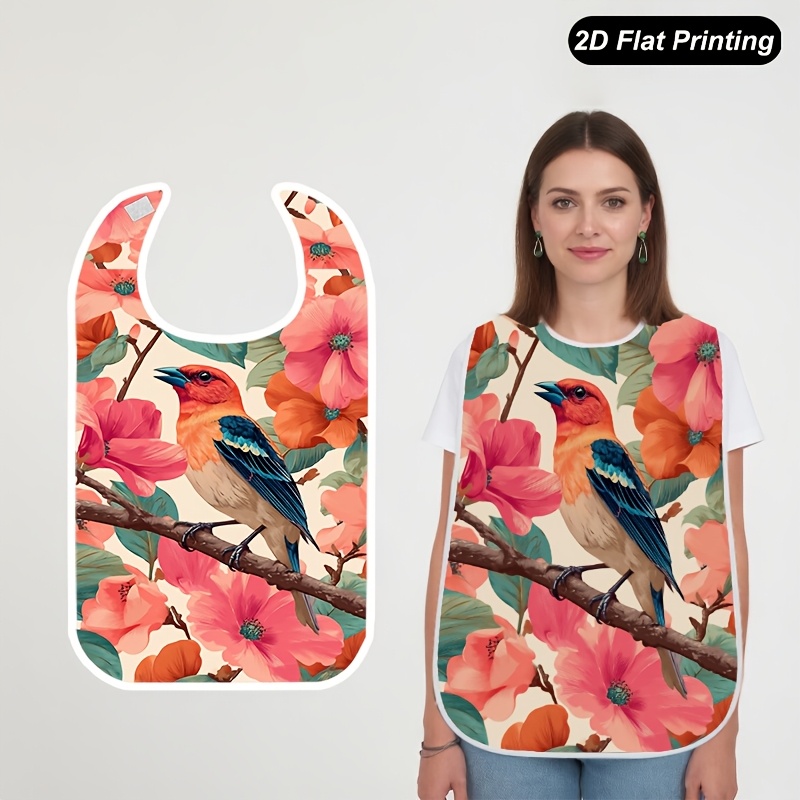 TEMU 1pc 2d Flat Floral Bird Printed Bibs Fashionable Adult And Elderly Crumb Catcher For , Tableware Elements, Fun Pattern, Stylish Bib, Durable