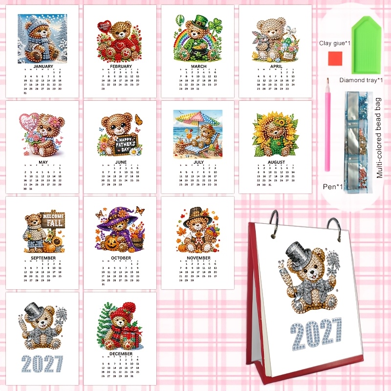 TEMU 1pc 2027 Calendrier de style avec peinture diamant, mini calendrier de bureau, calendrier de bureau d'étude, bureau de bureau créatif fait à ,