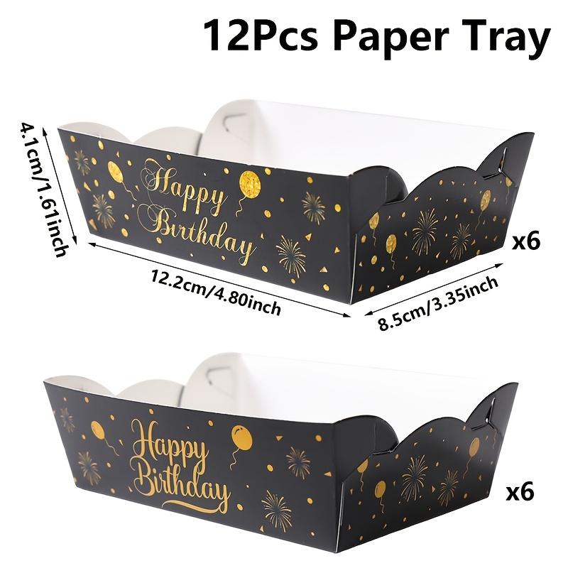 E-shop 12 Stück, Happy Birthday Papier Tabletts, Party-Sets, Schwarz-Goldene Happy Birthday Schriftzug Design Papier Geschenktabletts, Happy Birthday
