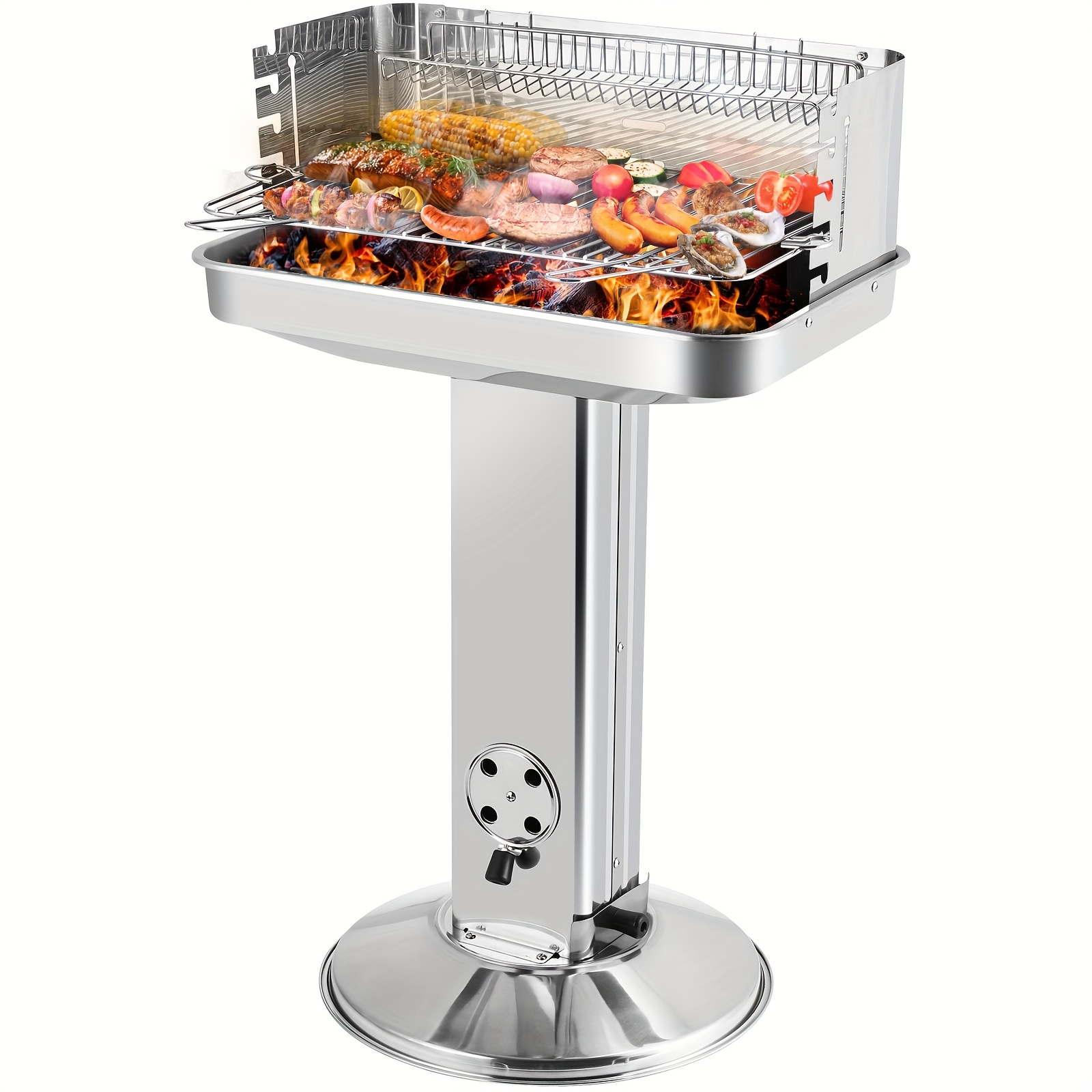 TEMU Stainless Steel Charcoal Grill, Column Grill, Bbq Grill For Camping, Beach, Garden, Party, Including Height-adjustable Grill Grate, Ventilation