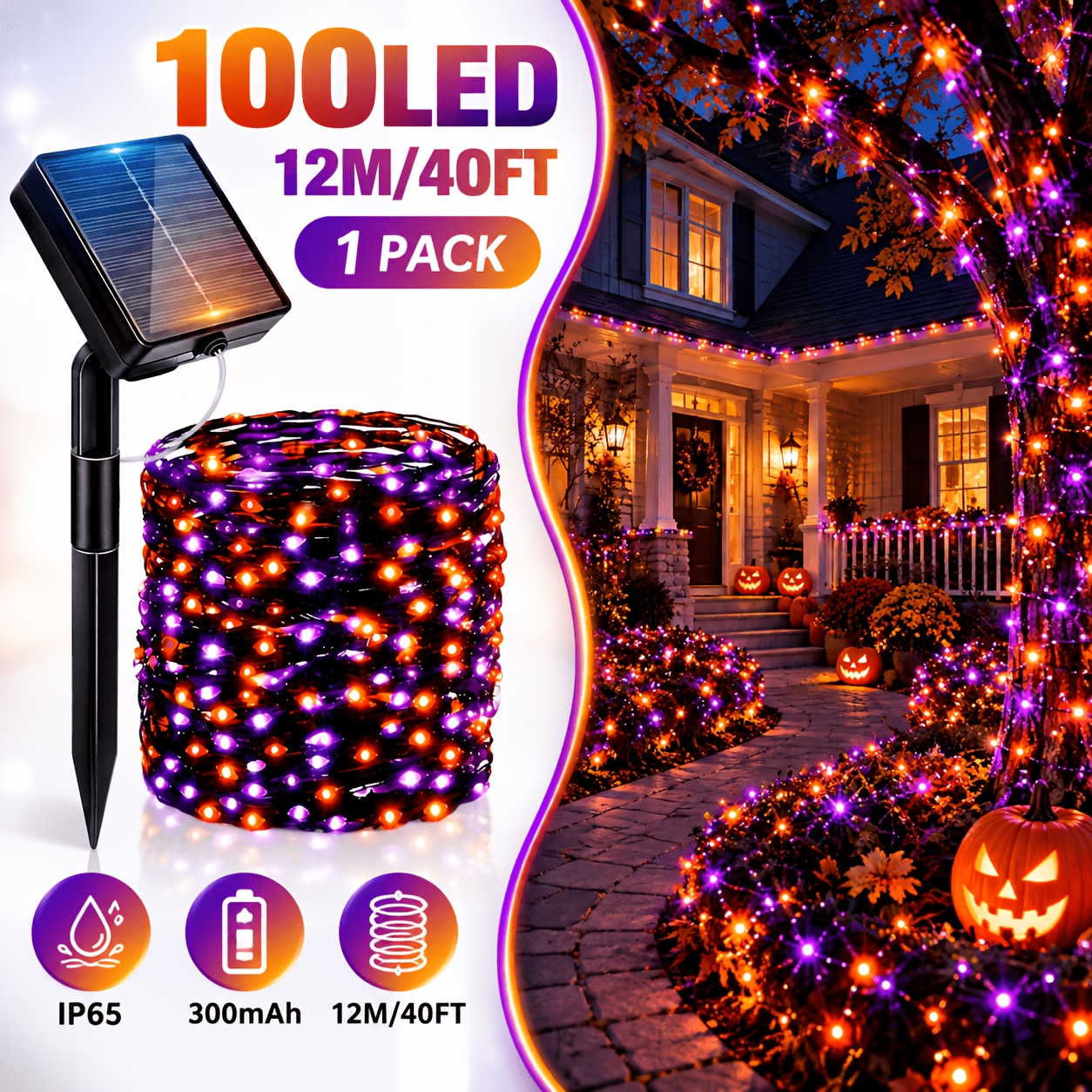 TEMU 1 Package Of Solar-powered Halloween Decorative Lights, Outdoor String Lights, Ip65 Design, 300mah Lithium Battery - Outdoor Garden Decorations