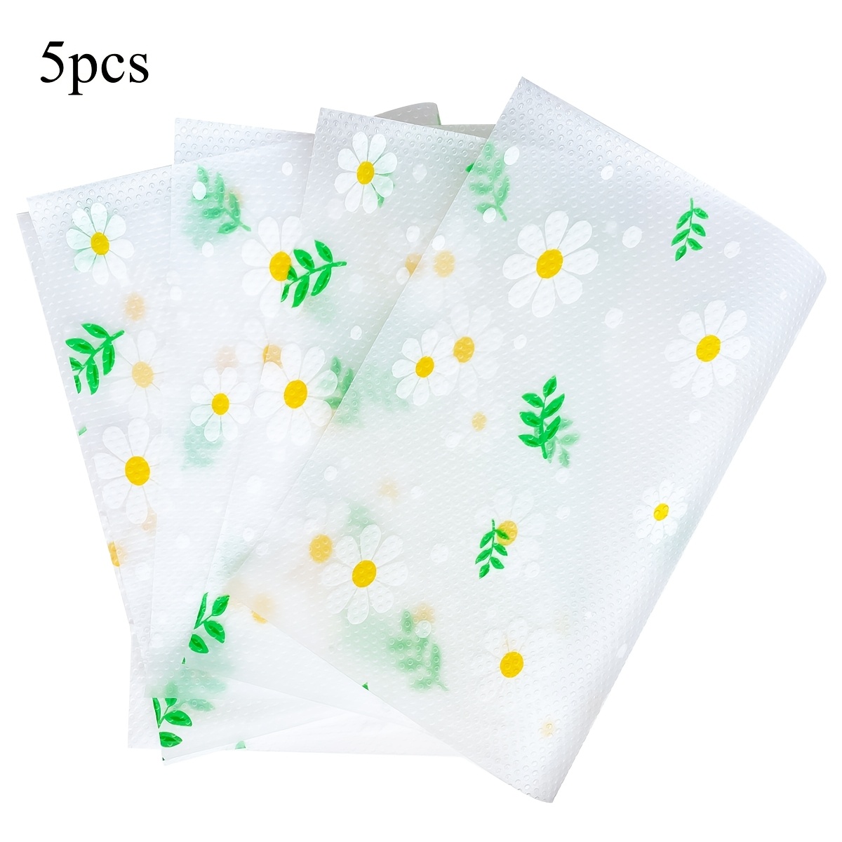 TEMU 5pcs Waterproof Refrigerator Liners, Non-slip, Washable, Reusable, Eva Material, Small Daisy And Green Leaf Pattern, Suitable For Refrigerator