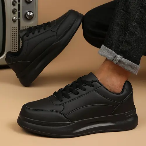 mens black casual sneakers comfortable non slip thick sole running shoes with lace up closure round toe design and eva material for outdoor activities hiking and casual attire trainers footwear eva cushioned sole