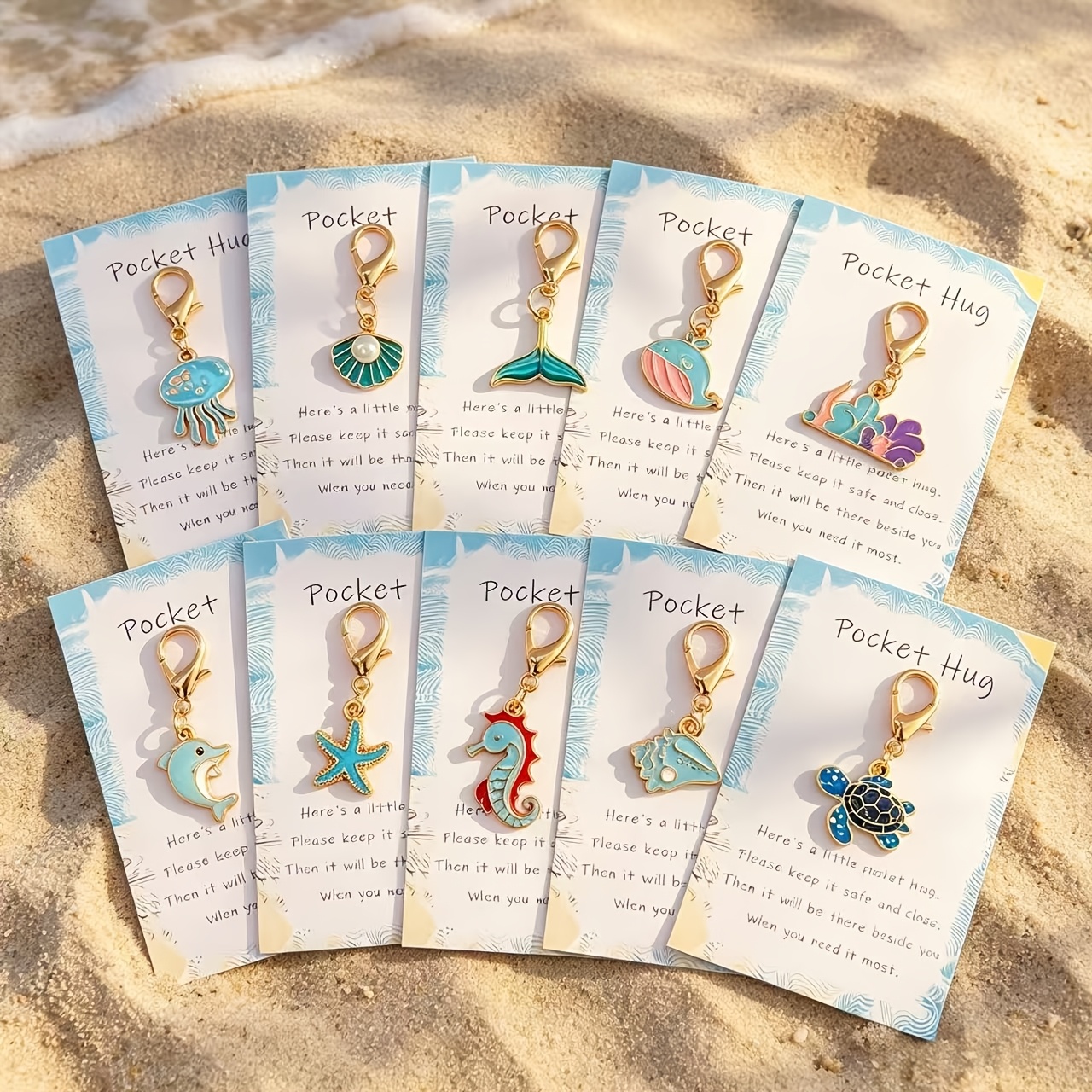 TEMU 20pcs Whimsical Ocean Animal Keychain Set - With Ocean Pocket Hug Cards, Including Starfish, Shark, Dolphin, Turtle, Conch, Seahorse, Seashell,