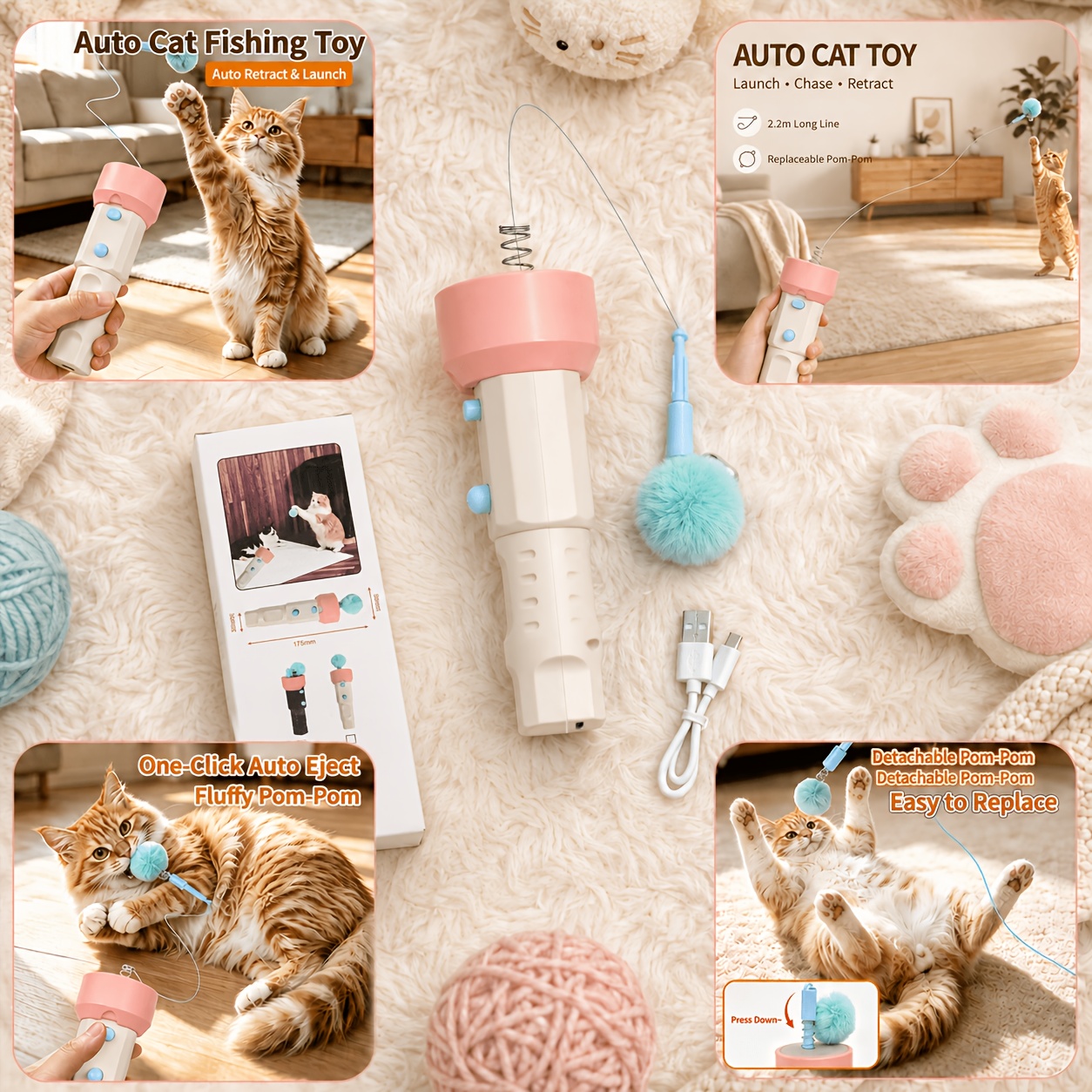 TEMU Jouet intelligent rétractable PounceEarth pour chat et chien avec 'éjection , rétractation automatique adaptée aux races, rechargeable par