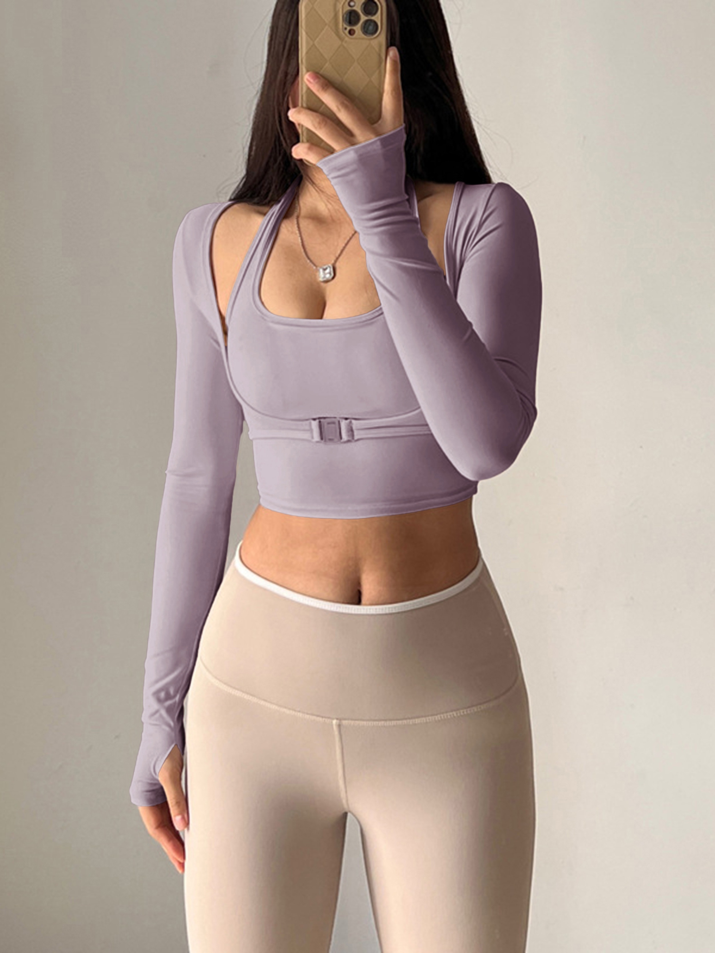 Quick Drying 2 in 1 Crop Top Thumb Holes Clasp Front Women's - Temu