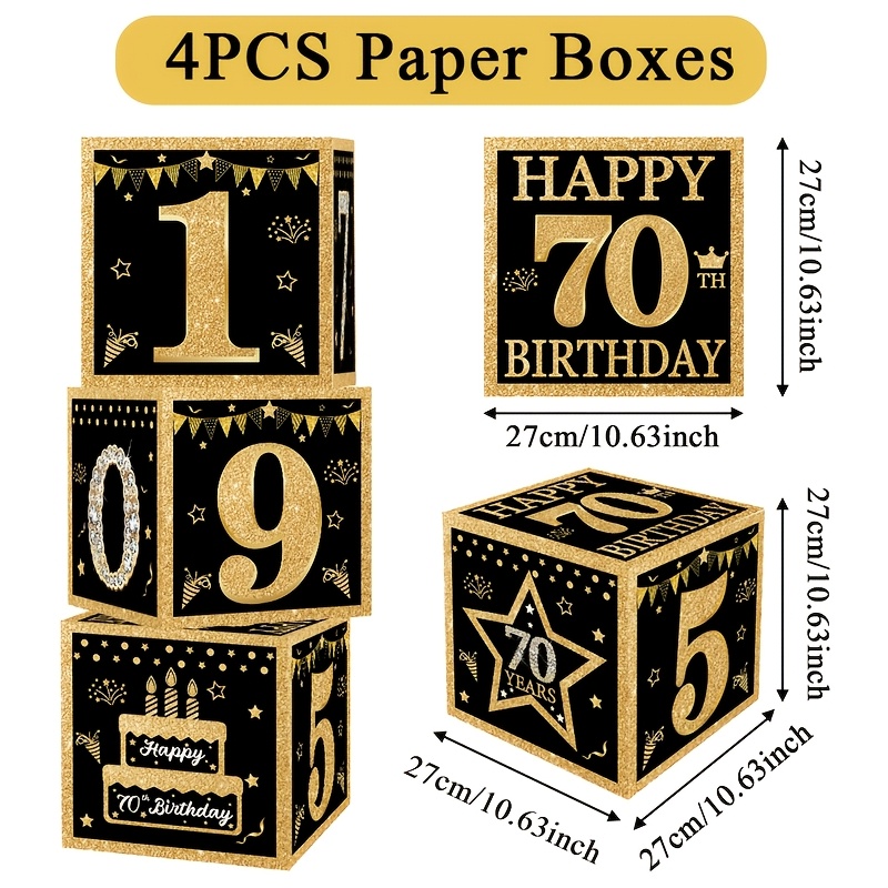TEMU 4pcs, Card Box, 70th Birthday Paper Boxes, Black Golden Happy 70th Birthday Words Paper Gift Boxes, Adult Birthday Party Decor For Home, Happy