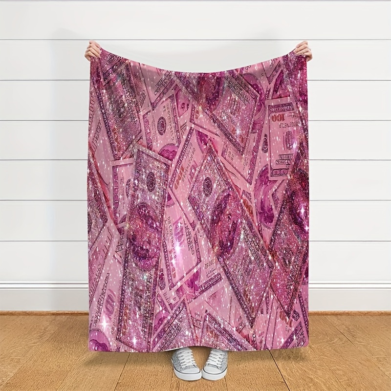 

Contemporary Pink Flannel Throw Blanket With Glitter Money Pattern - Soft, Warm, Multipurpose Cozy Blanket For Couch, Bed, Office, Camping - , 100% Polyester, Lightweight