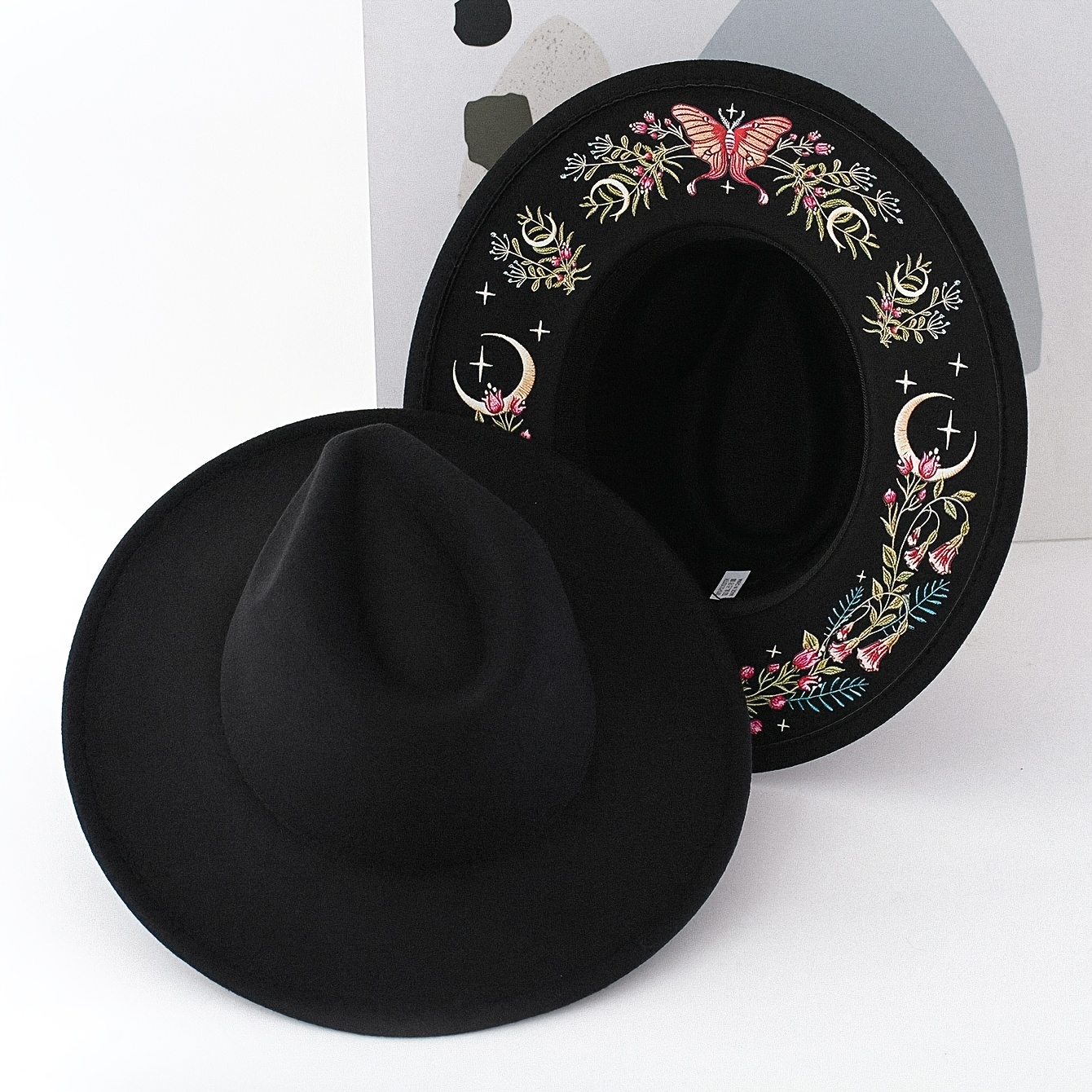 TEMU 1pc Women' Color Dark Gothic Style Denim Top Hat With Wide Brim, Moon, Flower, , And Large Wings Hand-painted Striped Pattern With Faux