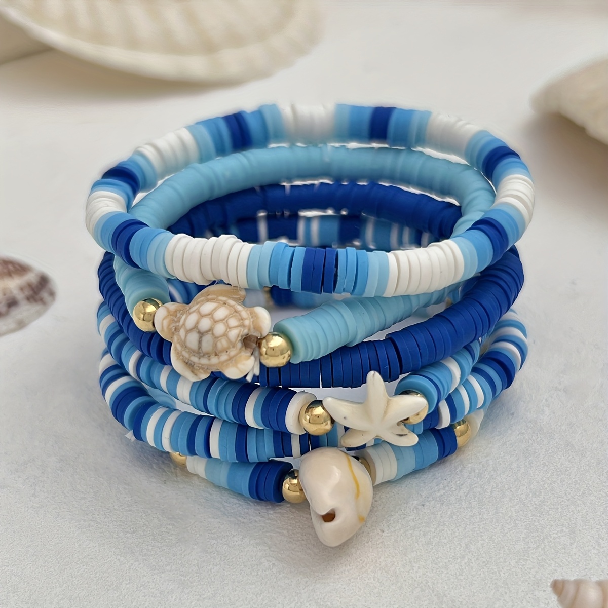 6 Sea Turtle Starfish Bohemian Beach Soft Clay Bangle Bangle Bracelet Set, Elegant Elastic Bangle Bangle Bracelet, Graduation Season, Vacation Gift For Women