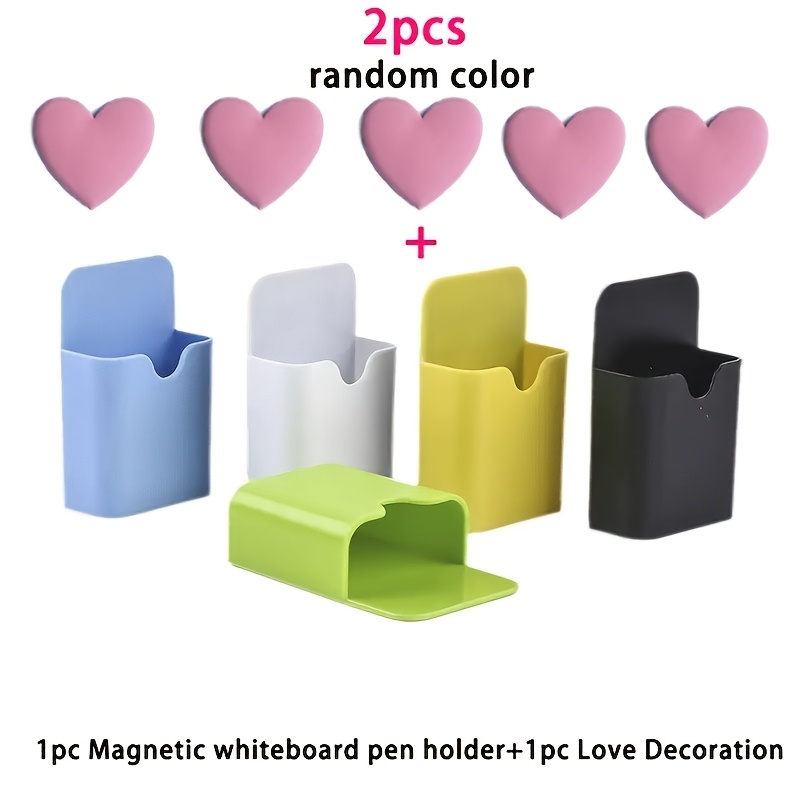 TEMU 2pcs [1pc Magnetic Whiteboard Pen Holder And 1pc Heart Decoration] Random Color Magnetic Whiteboard Pen Holder Storage Box Soft Silicone Back