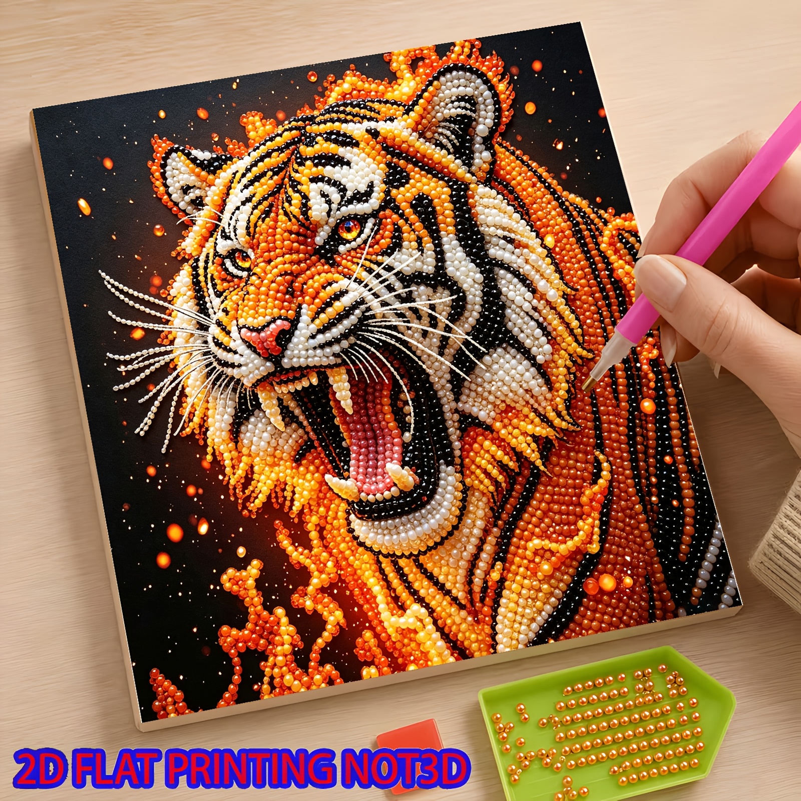 TEMU 2d Flat 1pc Tiger Roaring Flame Christmas Element Pearl Diamond Painting, Luxurious Pearl Diamond Inlay Decorative Painting, European Style Home