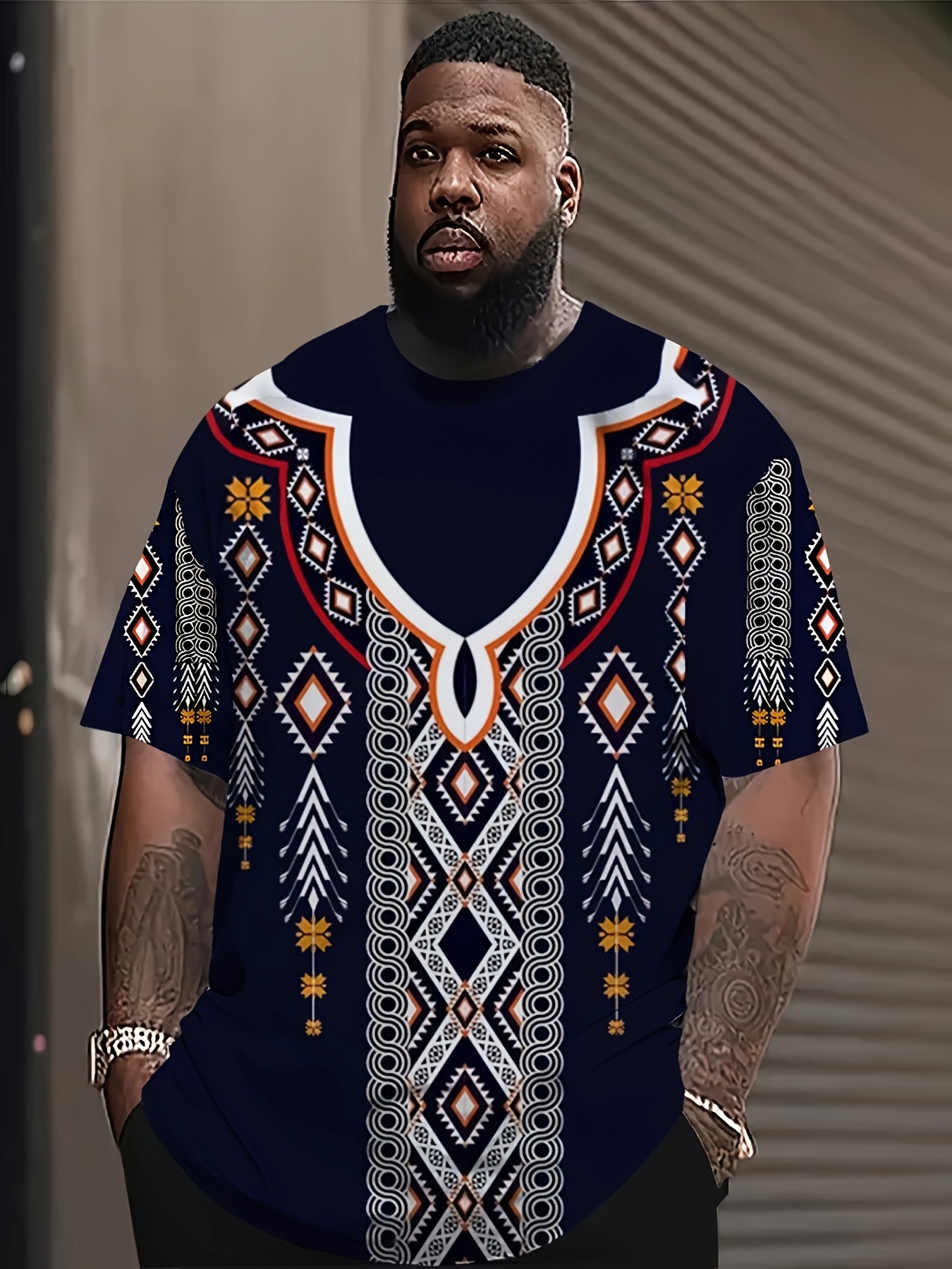 男士大码，复古民族风T恤3D印花服装圆领男士T恤街头服饰短款，适合外出休闲。, image size:800x1067