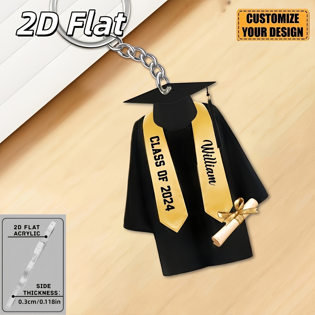 TEMU [2d Flat] 1pc Customizable 2d Acrylic Graduation Cap Keychain | Personalized With Name And Year, High-quality Acrylic, Stainless Steel Chain,